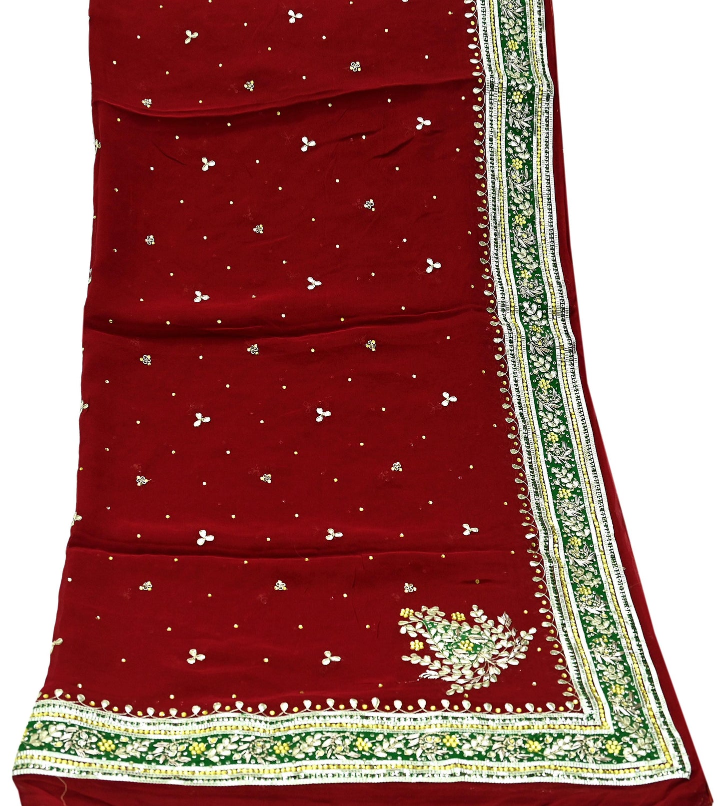 Indian Vintage Heavy Dark Red Dupatta Blend Georgette Long Stole Hand Embroidered Gota Patti Scarves Zardozi Wedding Bridal Veil