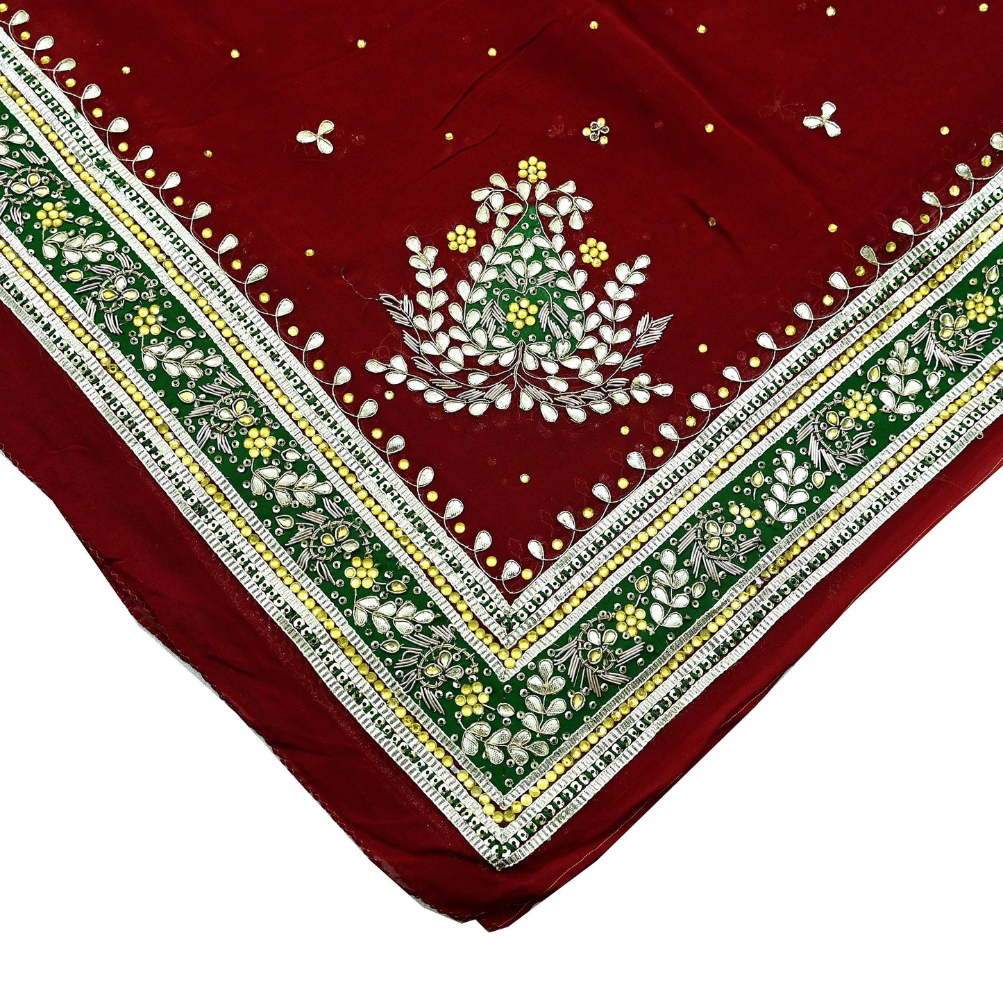 Indian Vintage Heavy Dark Red Dupatta Blend Georgette Long Stole Hand Embroidered Gota Patti Scarves Zardozi Wedding Bridal Veil