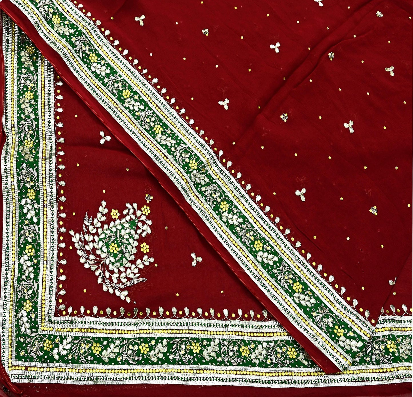 Indian Vintage Heavy Dark Red Dupatta Blend Georgette Long Stole Hand Embroidered Gota Patti Scarves Zardozi Wedding Bridal Veil