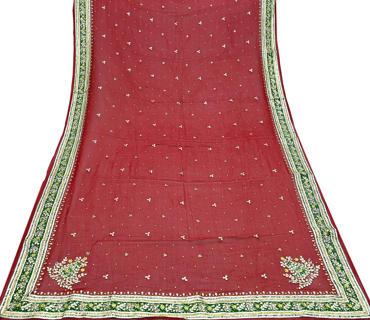 Indian Vintage Heavy Dark Red Dupatta Blend Georgette Long Stole Hand Embroidered Gota Patti Scarves Zardozi Wedding Bridal Veil