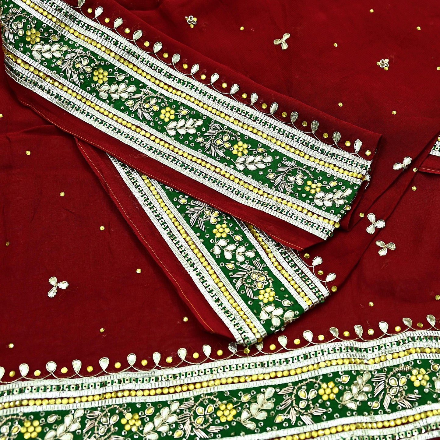 Indian Vintage Heavy Dark Red Dupatta Blend Georgette Long Stole Hand Embroidered Gota Patti Scarves Zardozi Wedding Bridal Veil
