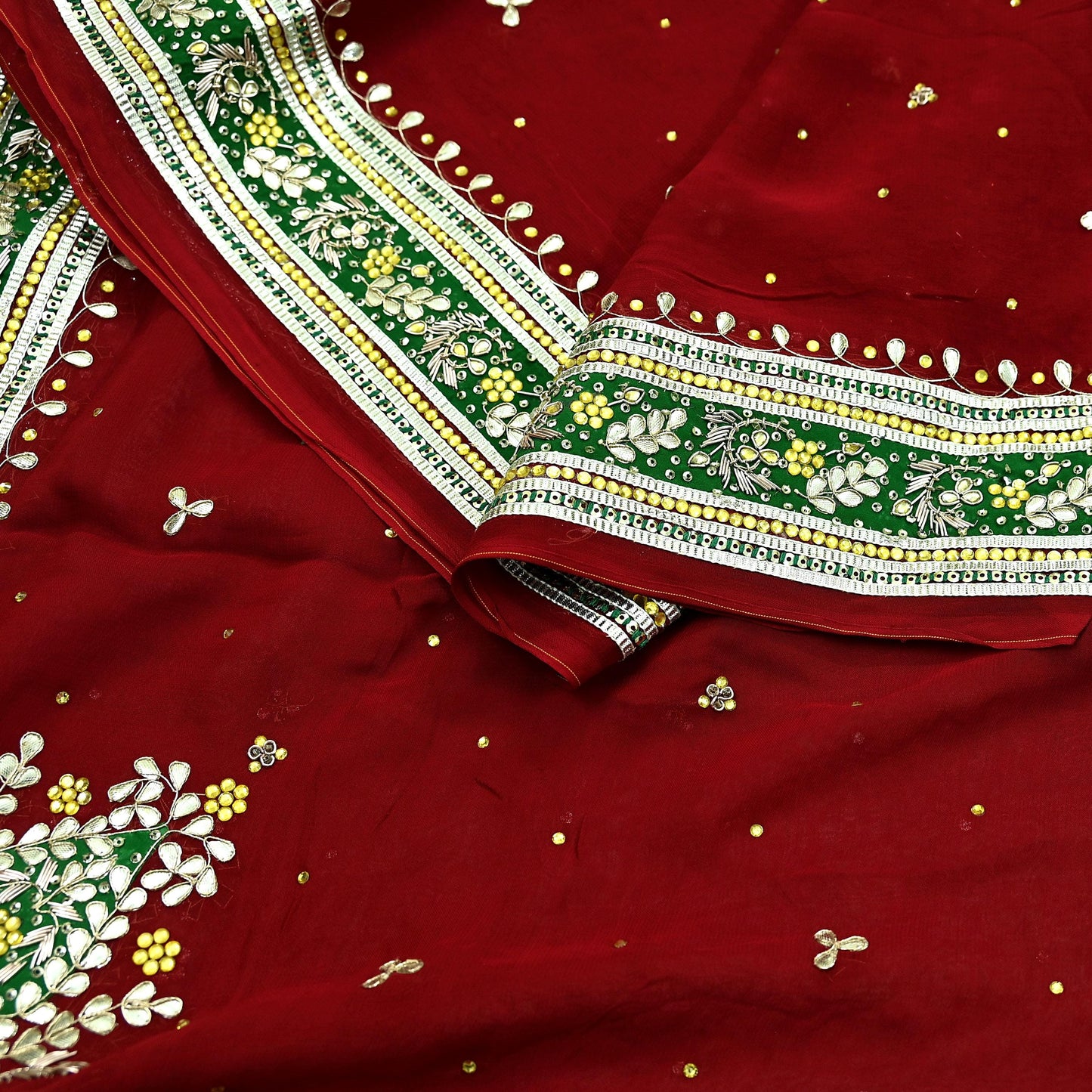 Indian Vintage Heavy Dark Red Dupatta Blend Georgette Long Stole Hand Embroidered Gota Patti Scarves Zardozi Wedding Bridal Veil