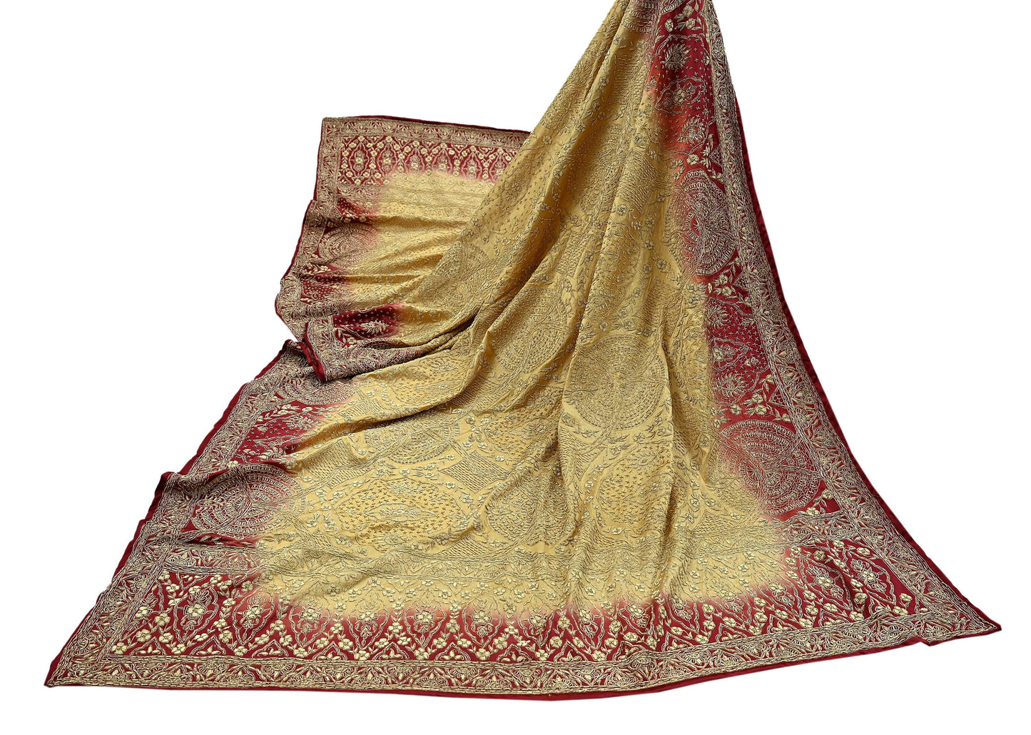 Indian Vintage Heavy Wedding Beige & Red Dupatta Pure Satin Silk Long Stole Hand Embroidered Scarves Golden Zardozi Veil