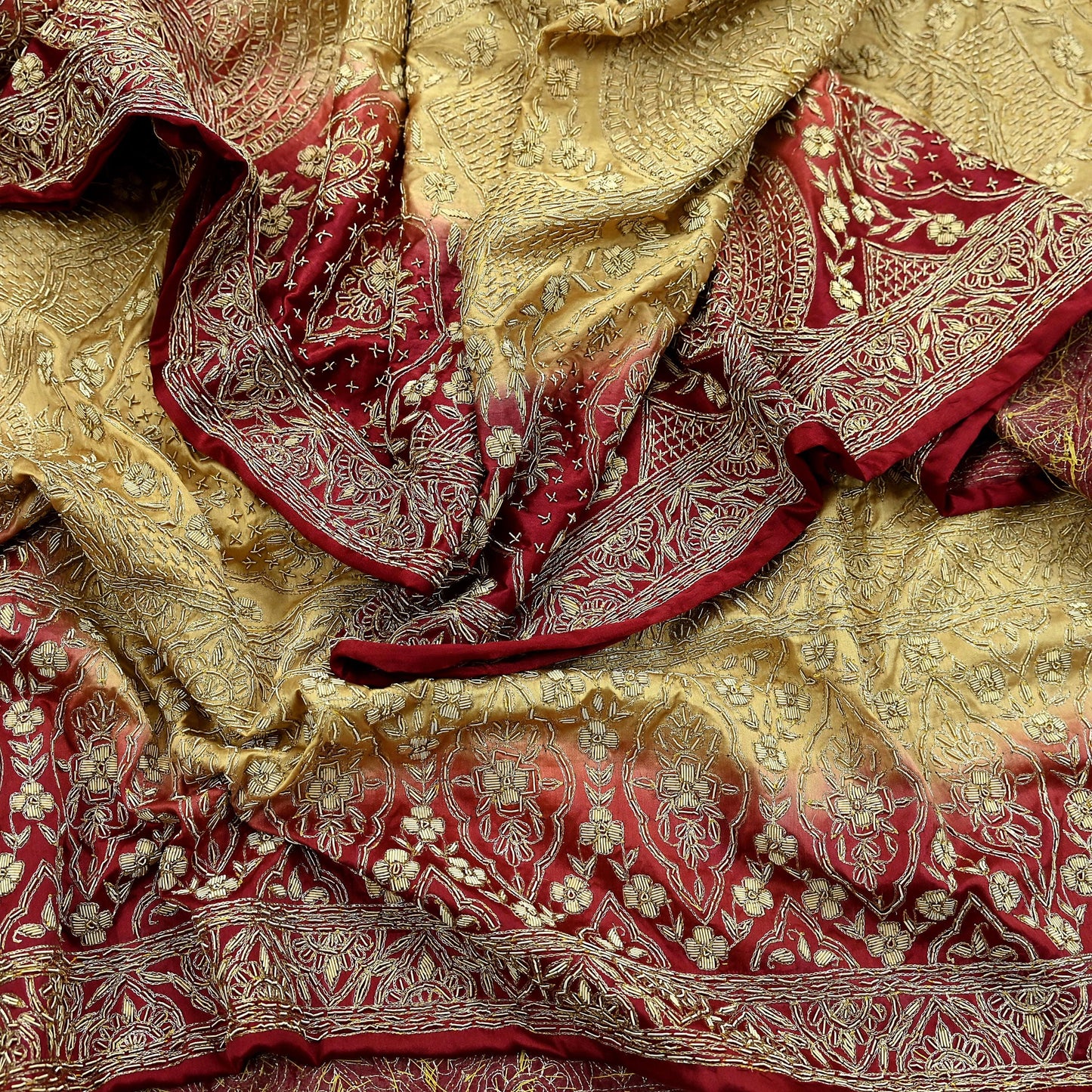Indian Vintage Heavy Wedding Beige & Red Dupatta Pure Satin Silk Long Stole Hand Embroidered Scarves Golden Zardozi Veil