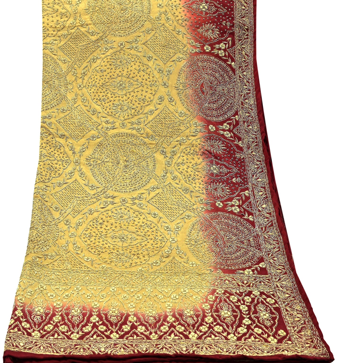 Indian Vintage Heavy Wedding Beige & Red Dupatta Pure Satin Silk Long Stole Hand Embroidered Scarves Golden Zardozi Veil