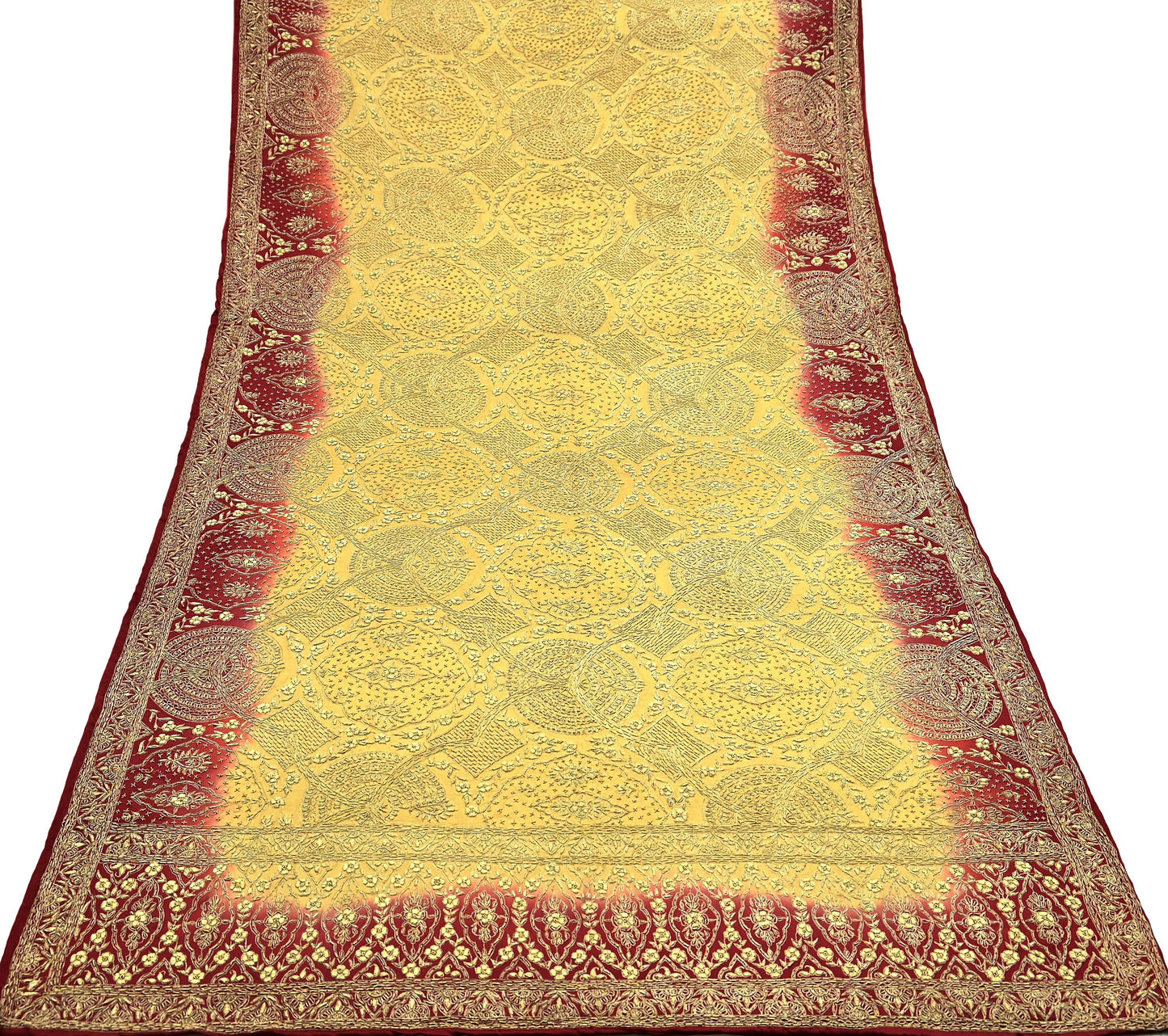 Indian Vintage Heavy Wedding Beige & Red Dupatta Pure Satin Silk Long Stole Hand Embroidered Scarves Golden Zardozi Veil