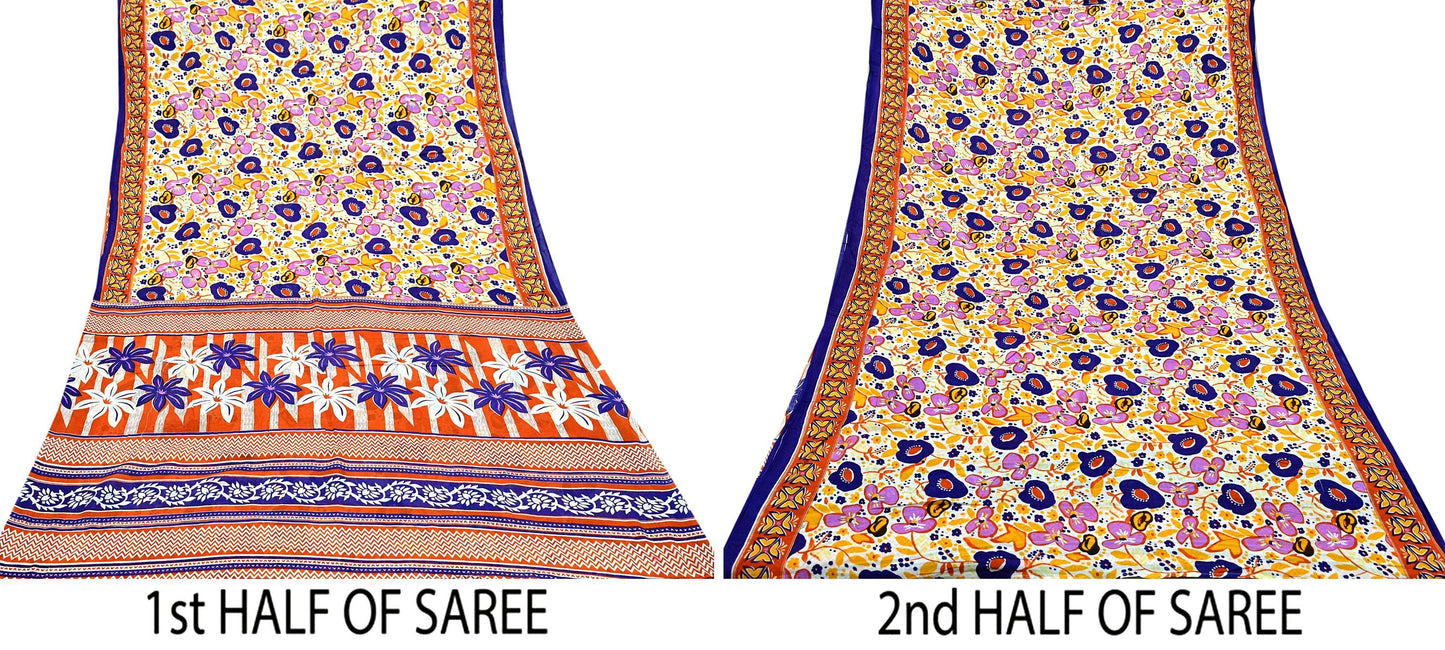 Indian Vintage Sari Orange & White Printed Pure Cotton Saree Craft Fabric 5Yd Soft Sewing Sarong Wrap Boho Dress making Crafting Quilting