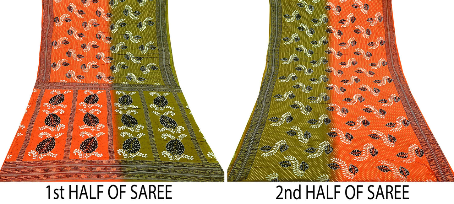 Indian Vintage Sari Green & Orange Printed Pure Cotton Sarees Craft Soft Fabric 5Yd Sewing Sarong Wrap Boho Floral Upcycle Dress making