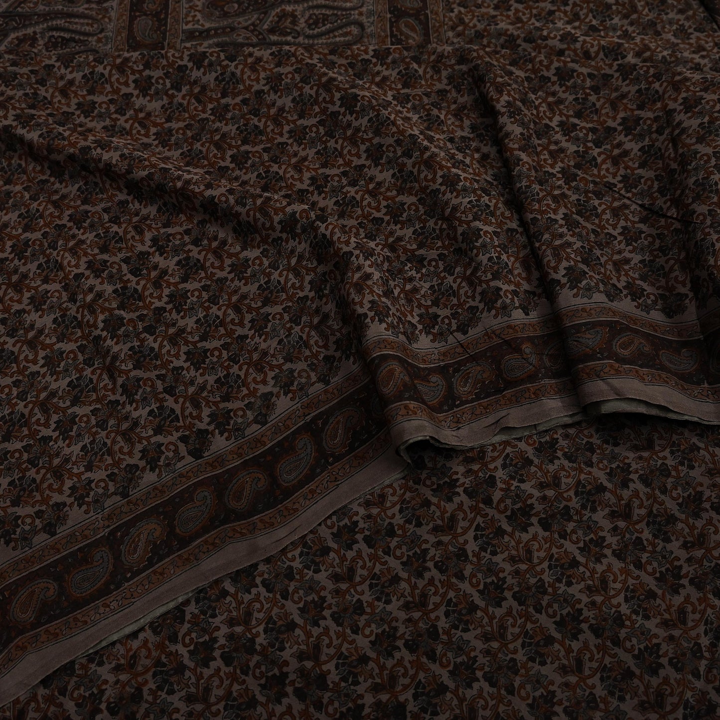 Indian Vintage Brown Saree Pure Crepe Silk Block Printed Sari 5yd Sewing Floral Soft Craft Fabric Wrap Dress Making Crafting Quilting
