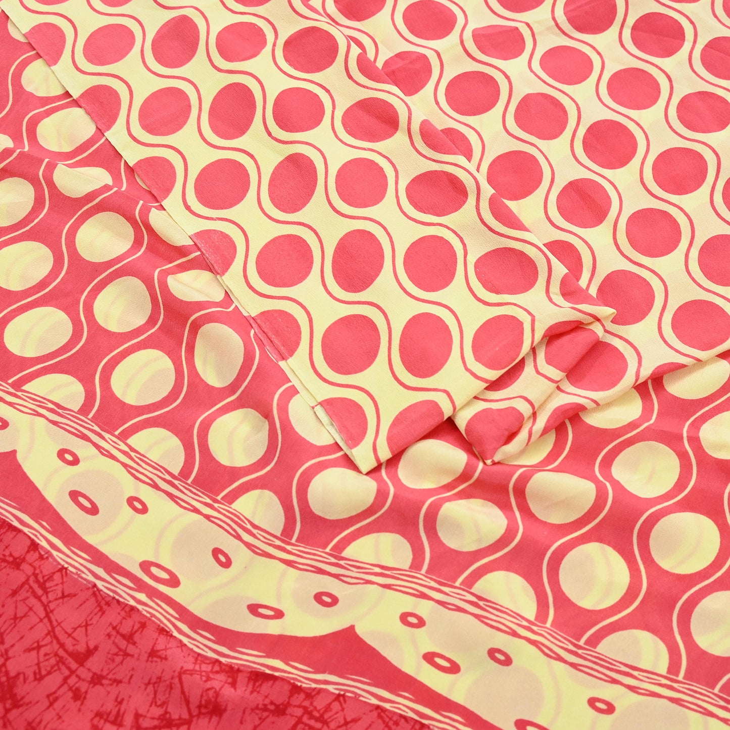 Indian Vintage Saree Yellow & Pink Pure Crepe Silk Printed Sari Fabric 5yd Sewing Soft Craft Fabric Wrap Dress making Quilting Upcycle
