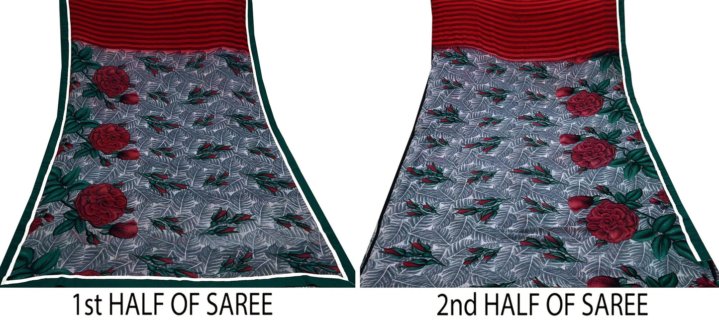 Women Vintage Sari Red & Gray Pure Georgette Silk Printed Saree Craft Fabric Sewing 5Yard Soft Light Dress Making Floral Quilting Crafting