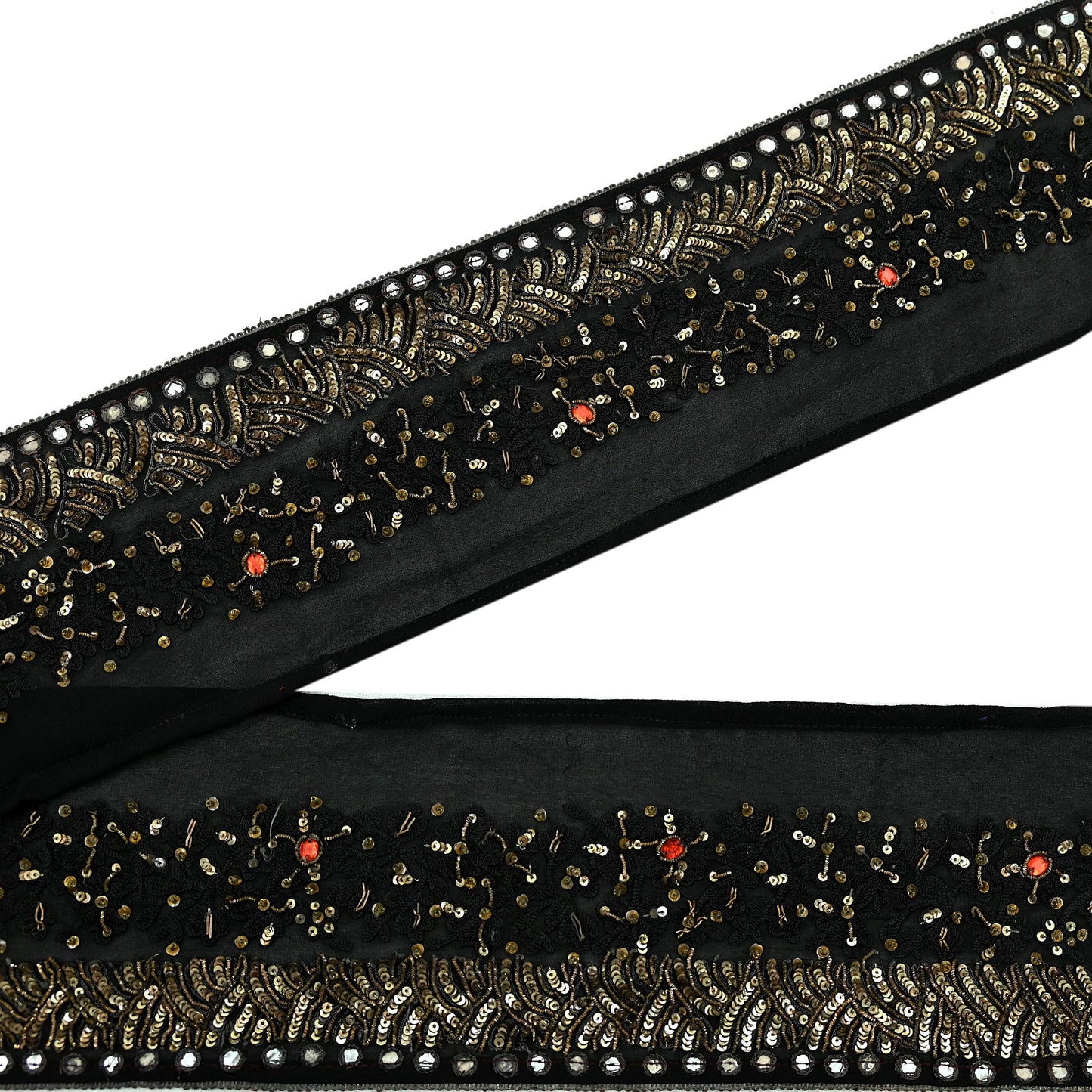Indian Vintage Black Saree Border Hand Embroidered Craft Trim 1Yd Lace Sewing Pure Georgette Silk Ribbon Recycled Sequins