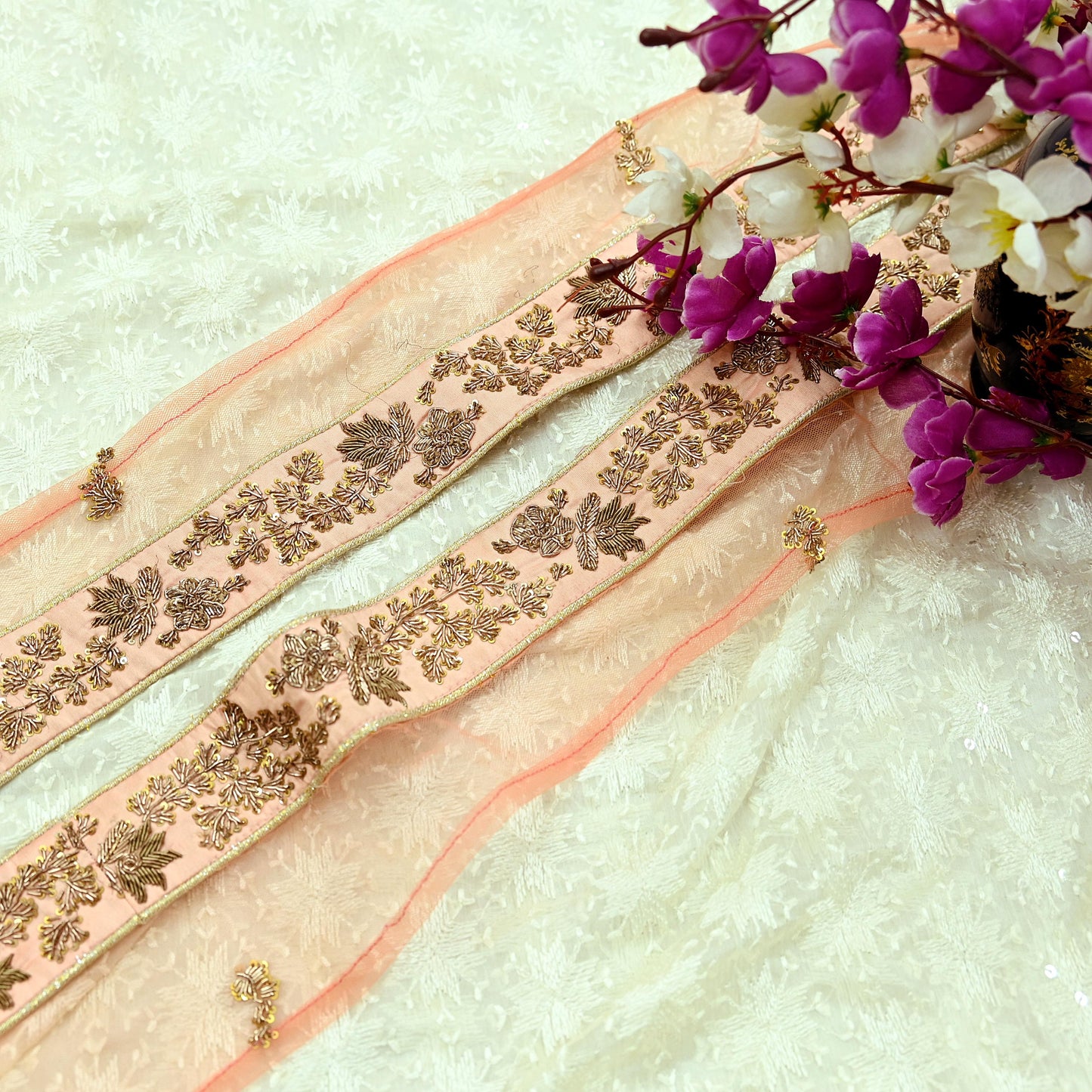 Indian Vintage Peach Sari Border Hand Embroidered 1yd Craft Trim Lace Sewing Net/Mess Ribbon Recycled Sari Border Zardozi/ Dabka Zari