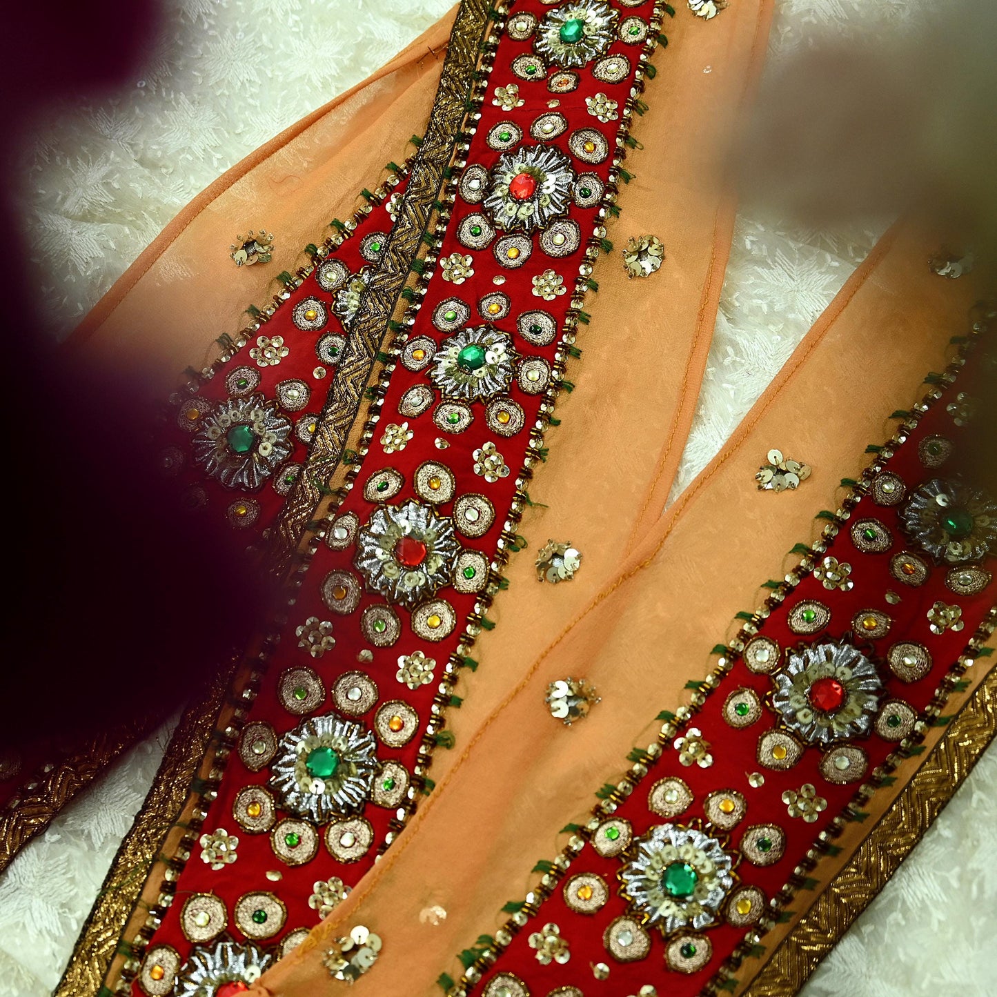 Indian Vintage Red & Saffron Border Hand Embroidered 1Yd Craft Trim Lace Sewing Sari Ribbon Pure Crepe silk Zardozi/Dabka Zari