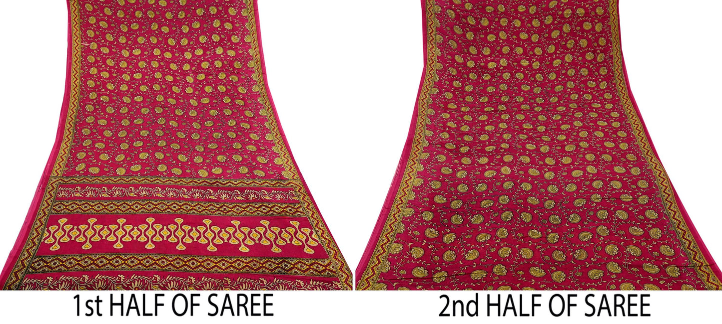 Indian Vintage Pink Saree Printed 100% Pure Cotton Sari Craft Fabric 5Yd Sewing Sarong Wrap Floral Dress making Quilting Crafting