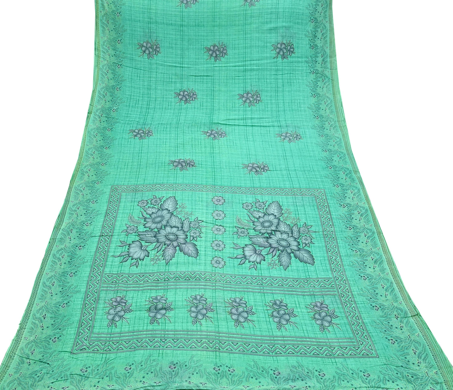 Indian Vintage Green Saree Printed Pure Cotton Sari Craft Fabric 5Yd Soft Sewing Sarong Wrap Boho Floral Upcycle Quilting For Crafting
