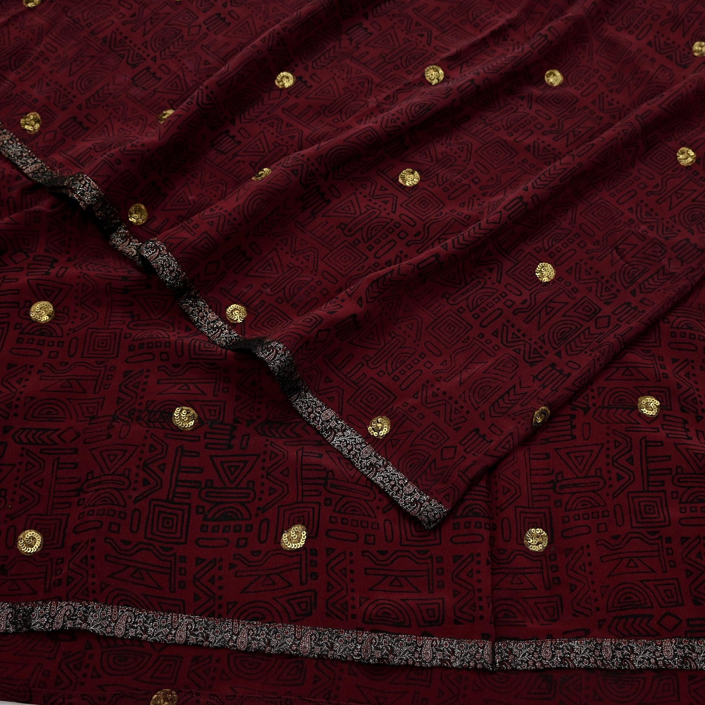 Indian Vintage Sari Maroon Pure Crepe Silk Hand Embroidered Saree 5yd Sewing Floral Craft Sequins Dress making Crafting Quilting