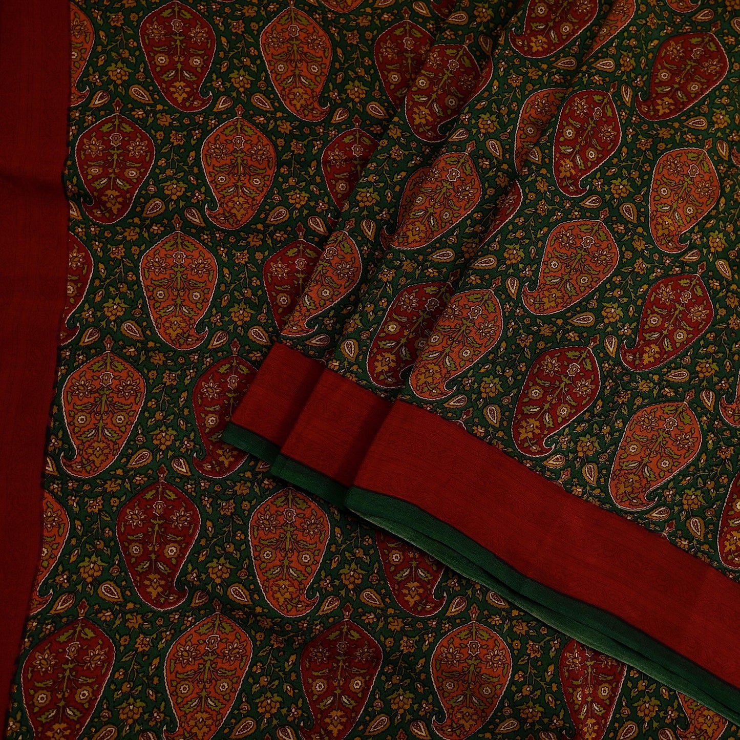 Indian Vintage Sari Green Pure Crepe Silk Printed Sarees 5yd Sewing Soft Craft Fabric Wrap Upcycle Quilting Crafting Dress making paisley