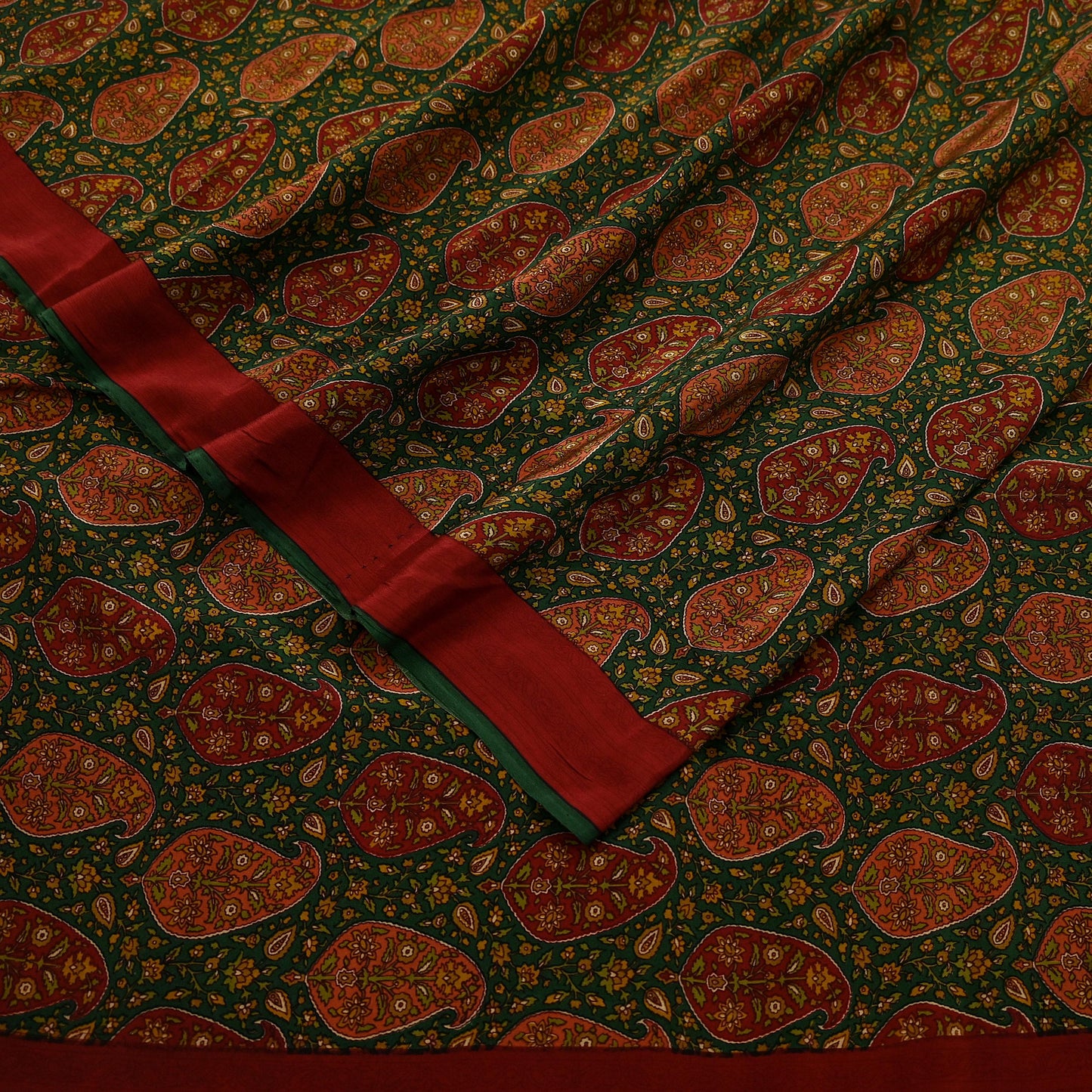Indian Vintage Sari Green Pure Crepe Silk Printed Sarees 5yd Sewing Soft Craft Fabric Wrap Upcycle Quilting Crafting Dress making paisley