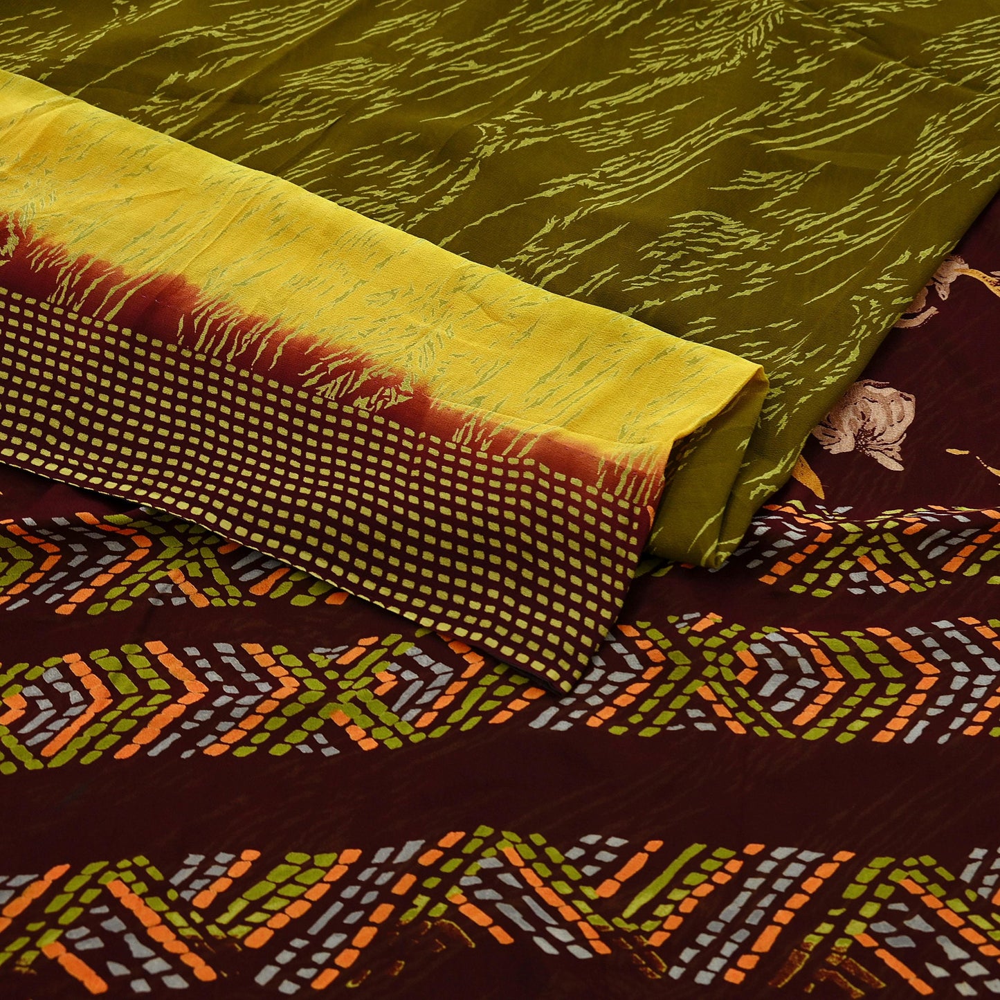Women Vintage Sari Green & Brown Pure Georgette Silk Printed Saree Craft Fabric Sewing 5Yard Soft Light Dress Making Floral