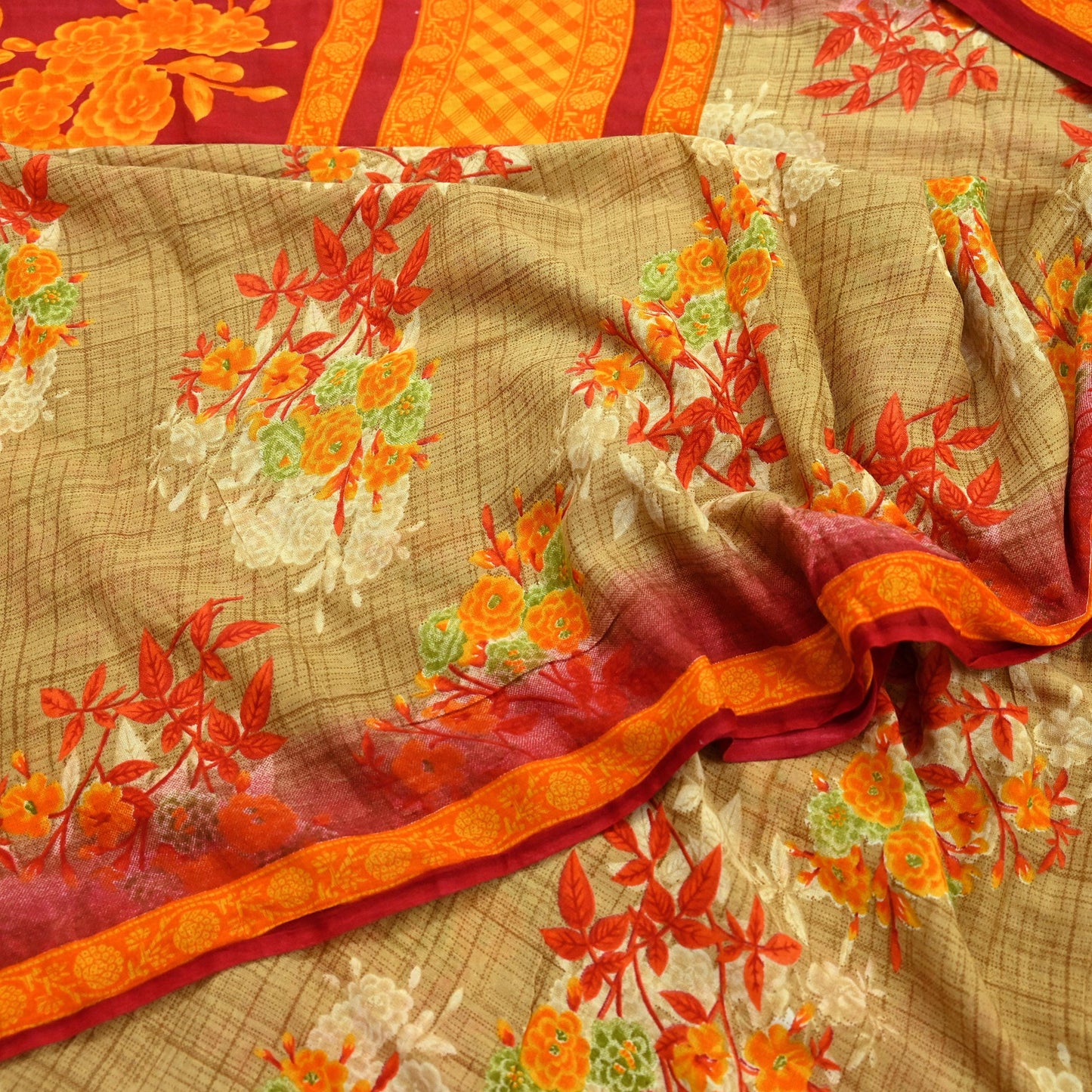 Indian Vintage Red & Beige Saree Printed 100% Pure Cotton Sari Craft Fabric 5Yd Soft Sewing Sarong Wrap Dress Making Quilting Crafting