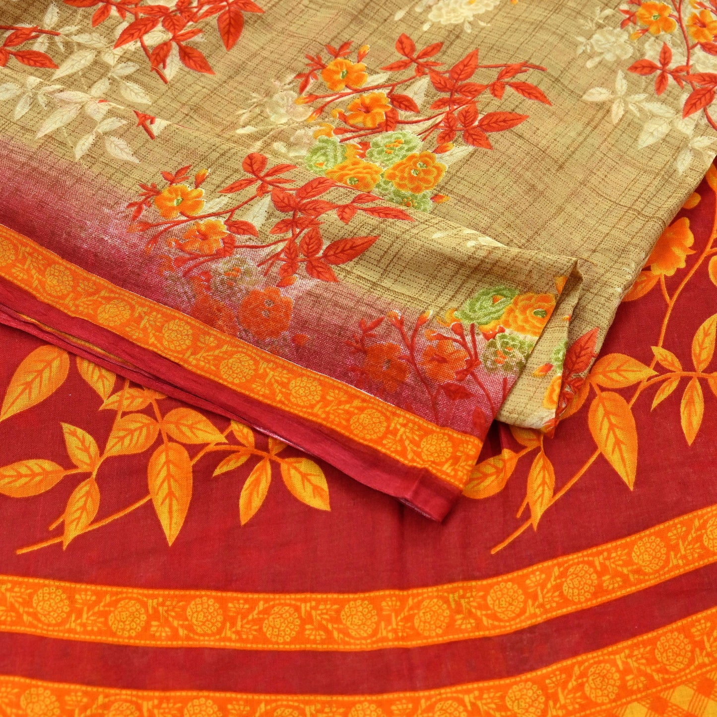 Indian Vintage Red & Beige Saree Printed 100% Pure Cotton Sari Craft Fabric 5Yd Soft Sewing Sarong Wrap Dress Making Quilting Crafting
