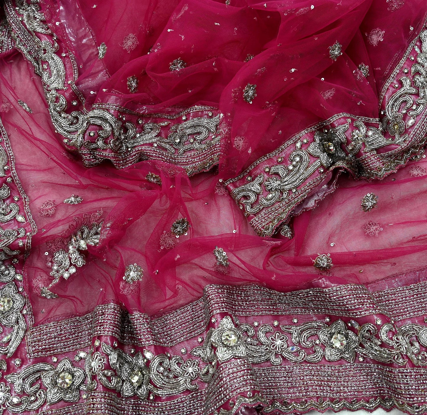 Indian Vintage Heavy Bridal Pink Dupatta Net Mesh Long Stole Hand Embroidered Scarves Silver Zardozi Dabka Zari Sequins Wedding veil