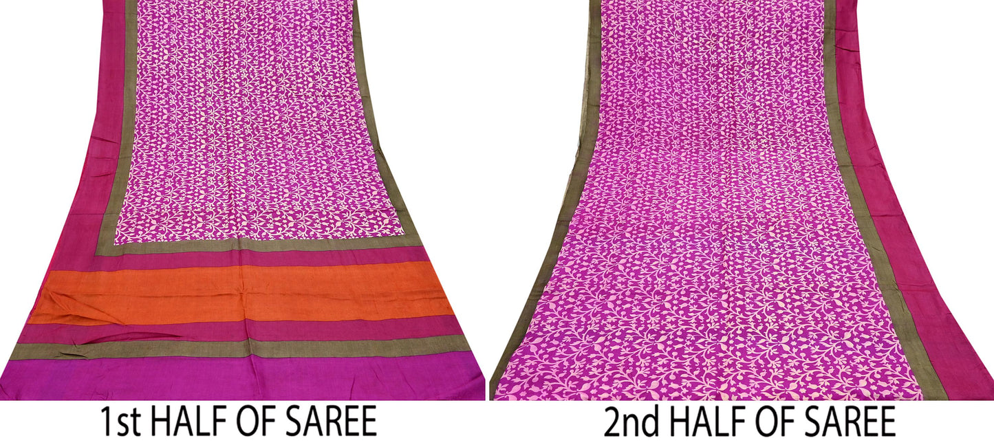 Indian Vintage Purple & Orange Saree Pure Khadi Silk Handloom Printed Sari Fabric 5yd Ethnic Wear Sari Stripes Designs Dress making Crafting