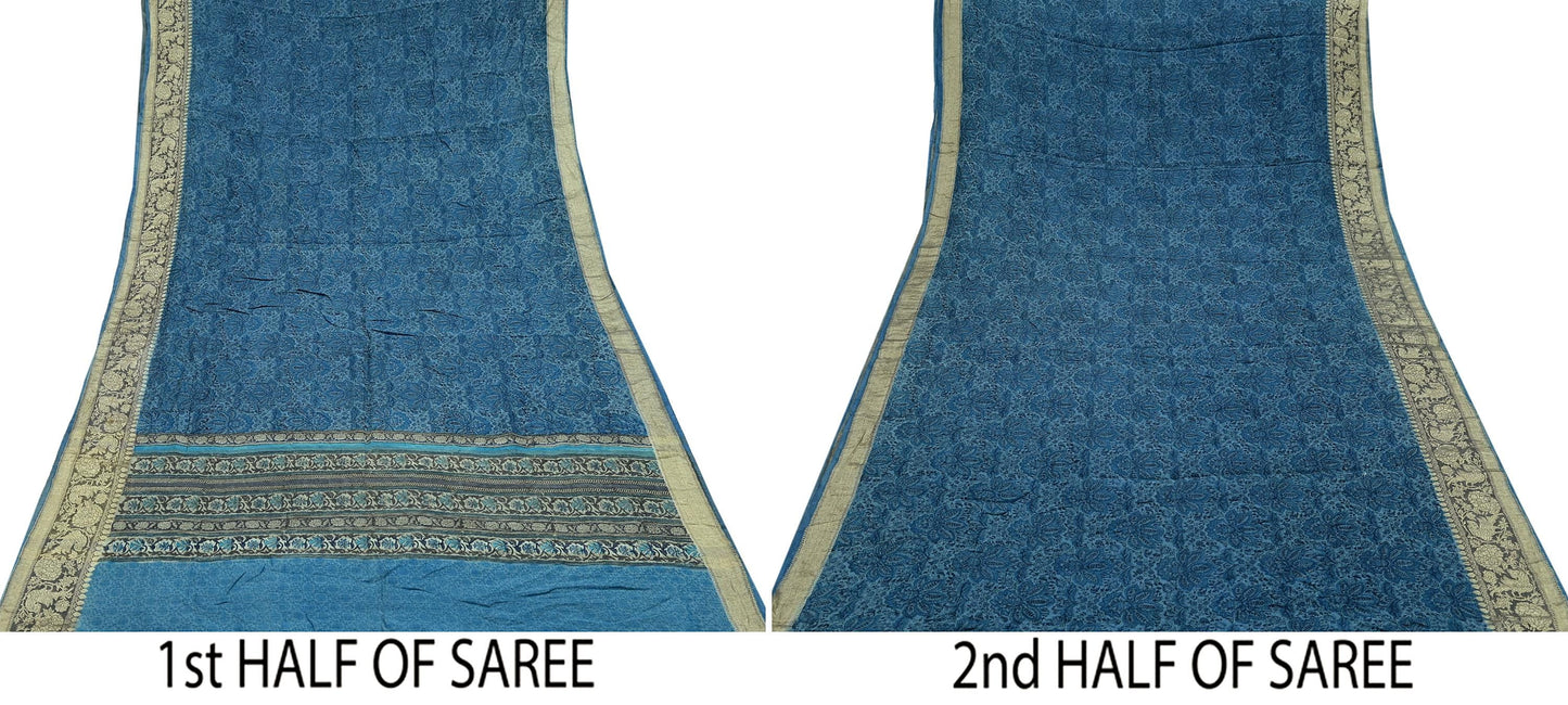 Indian Vintage Heavy Sari Blue Pure Khadi Silk Handloom Saree Craft Fabric 6yd Ethnic Wear Dress making For Crafting Quilting Sewing Zari