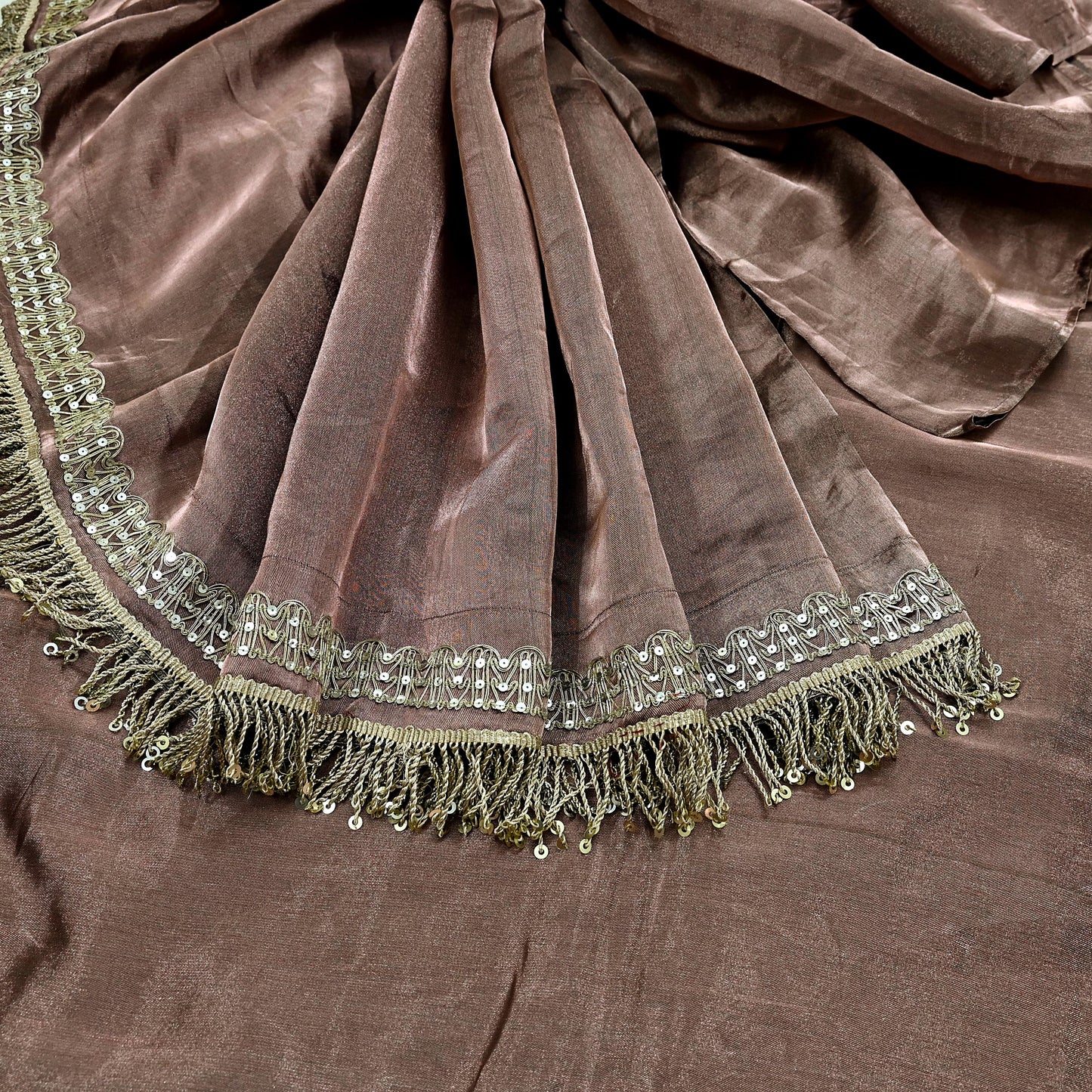 Indian Vintage Copper Brown Heavy Saree Hand Embroidered Designer Tissue Silk Sari Fabric 6Yd Ethnic Floral Zari Brocade border