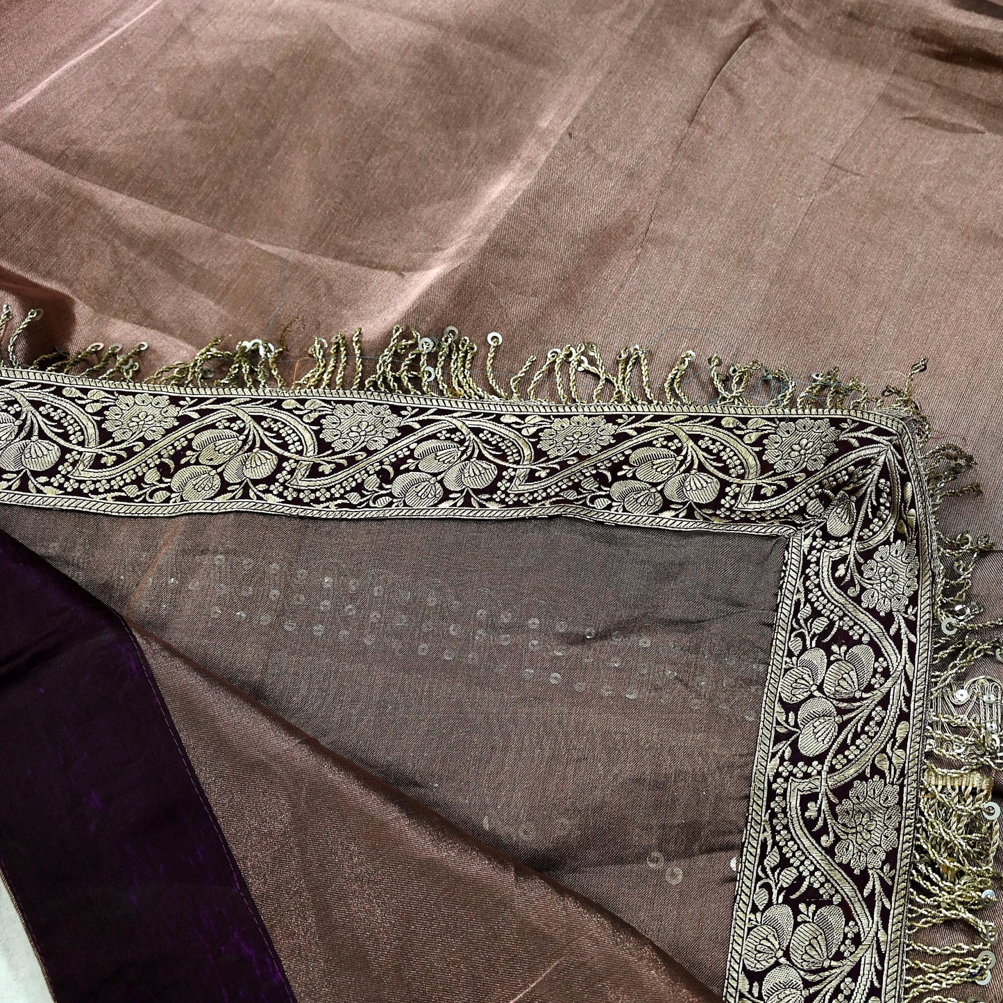 Indian Vintage Copper Brown Heavy Saree Hand Embroidered Designer Tissue Silk Sari Fabric 6Yd Ethnic Floral Zari Brocade border