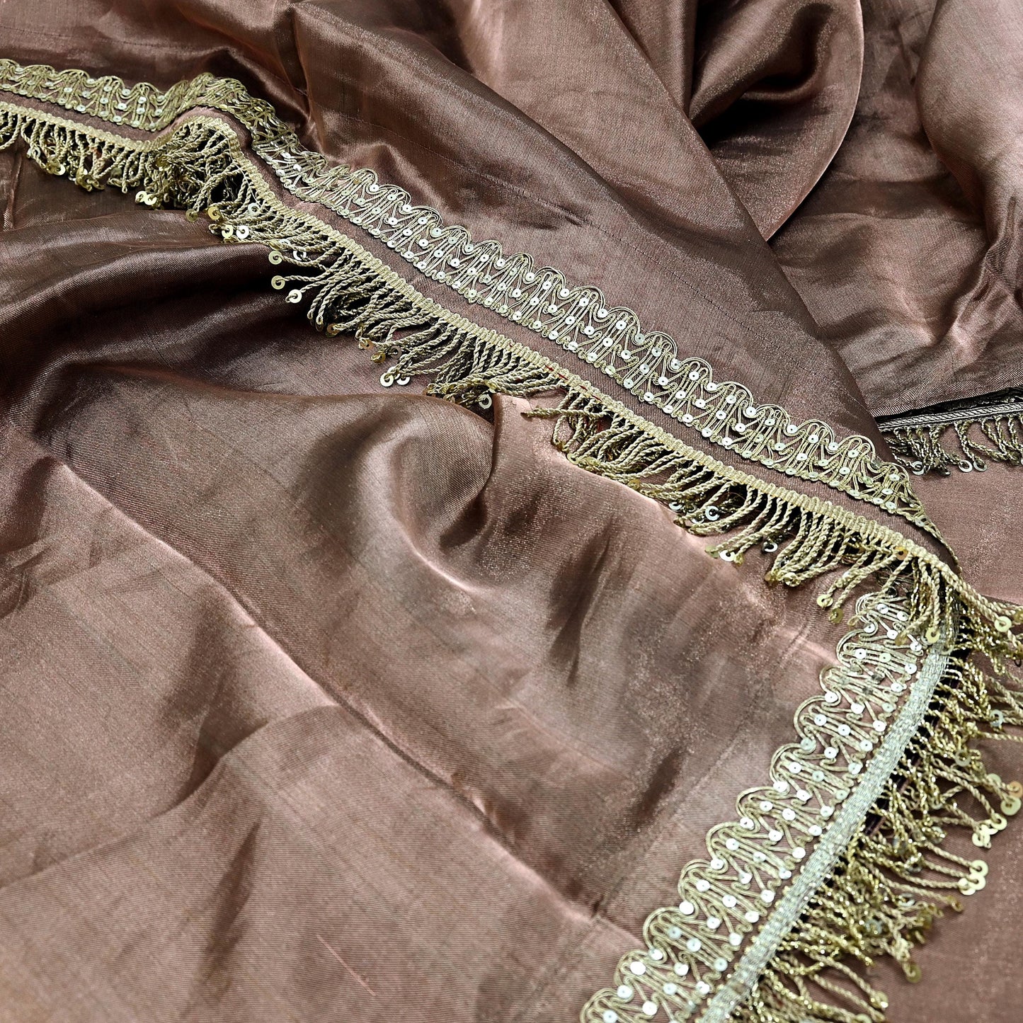Indian Vintage Copper Brown Heavy Saree Hand Embroidered Designer Tissue Silk Sari Fabric 6Yd Ethnic Floral Zari Brocade border