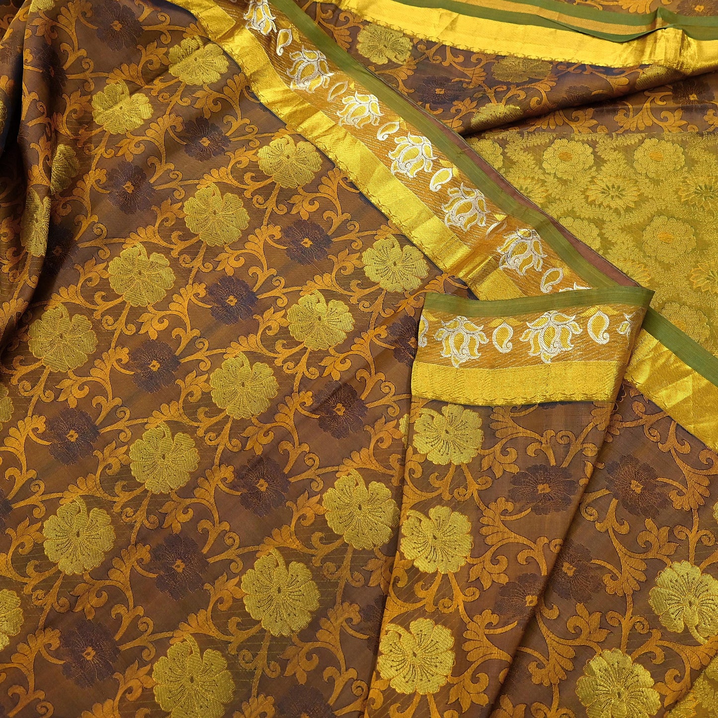 Indian Vintage Heavy Green & Mustard Kanjivaram Saree 100% Pure Silk Sari Zari 6Yd Floral Crafting Dress making Crafting Quilting