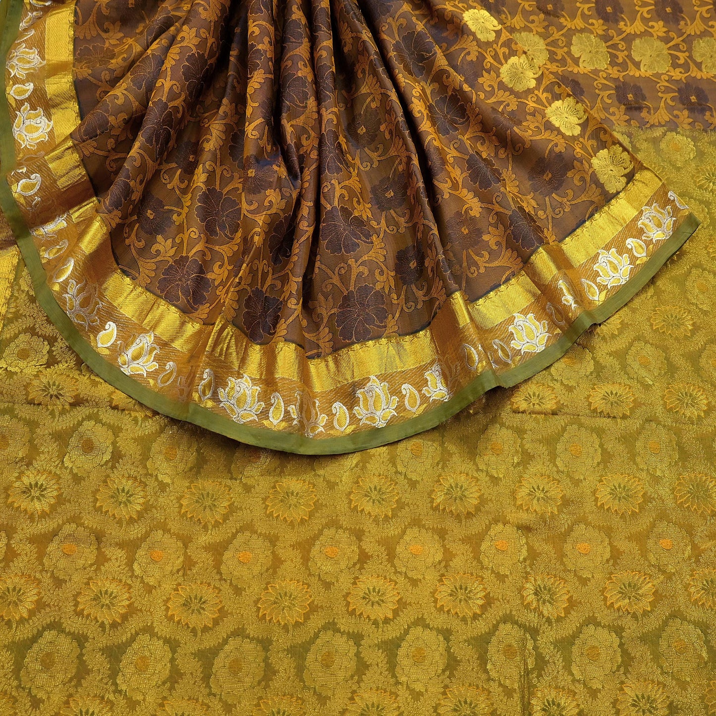 Indian Vintage Heavy Green & Mustard Kanjivaram Saree 100% Pure Silk Sari Zari 6Yd Floral Crafting Dress making Crafting Quilting