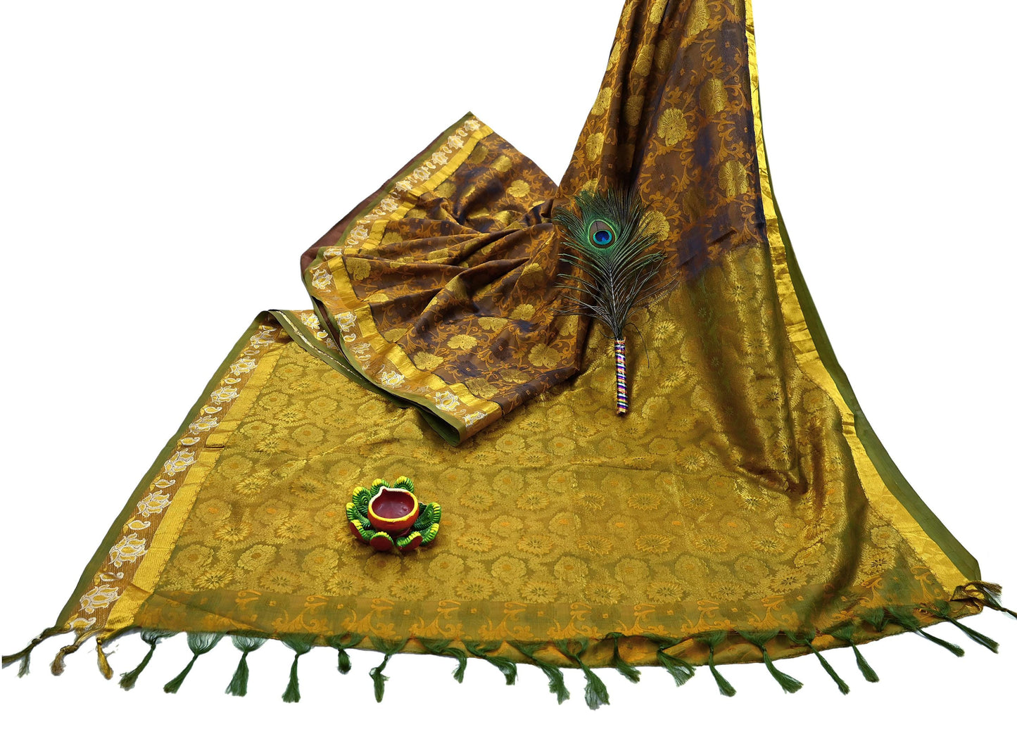 Indian Vintage Heavy Green & Mustard Kanjivaram Saree 100% Pure Silk Sari Zari 6Yd Floral Crafting Dress making Crafting Quilting