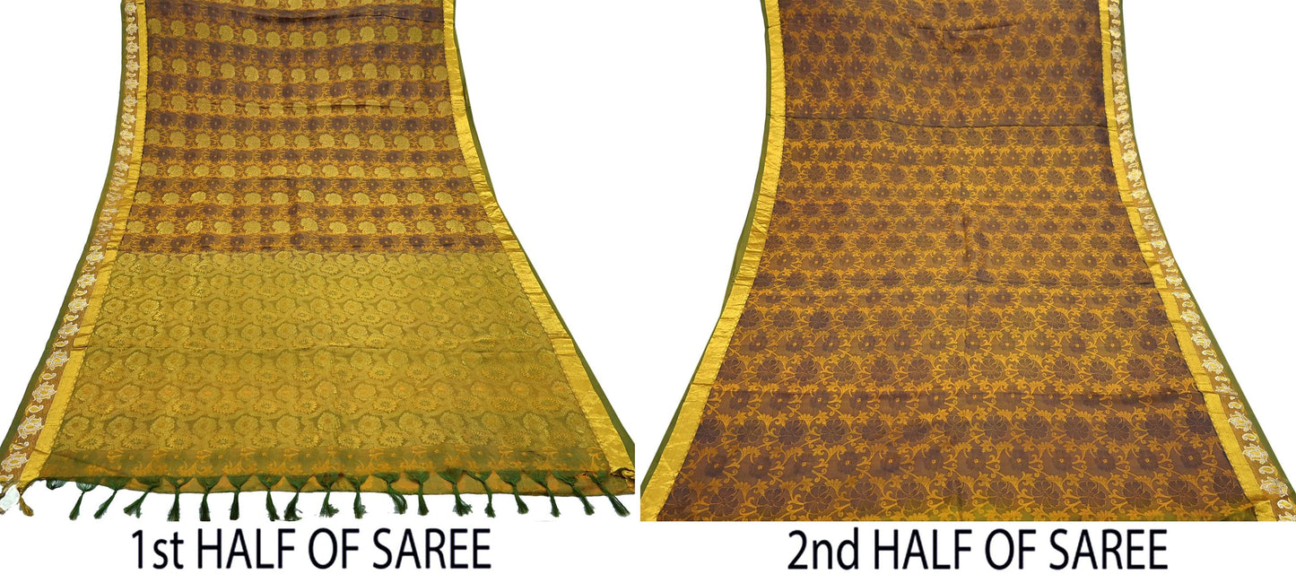 Indian Vintage Heavy Green & Mustard Kanjivaram Saree 100% Pure Silk Sari Zari 6Yd Floral Crafting Dress making Crafting Quilting