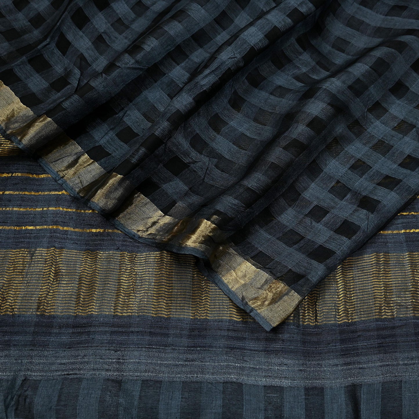 Indian Vintage Black Saree Pure Khadi Silk Handloom Woven Zari Sari Craft Fabric 6yd Ethnic Wear Border Dress making Upcycle Fringes
