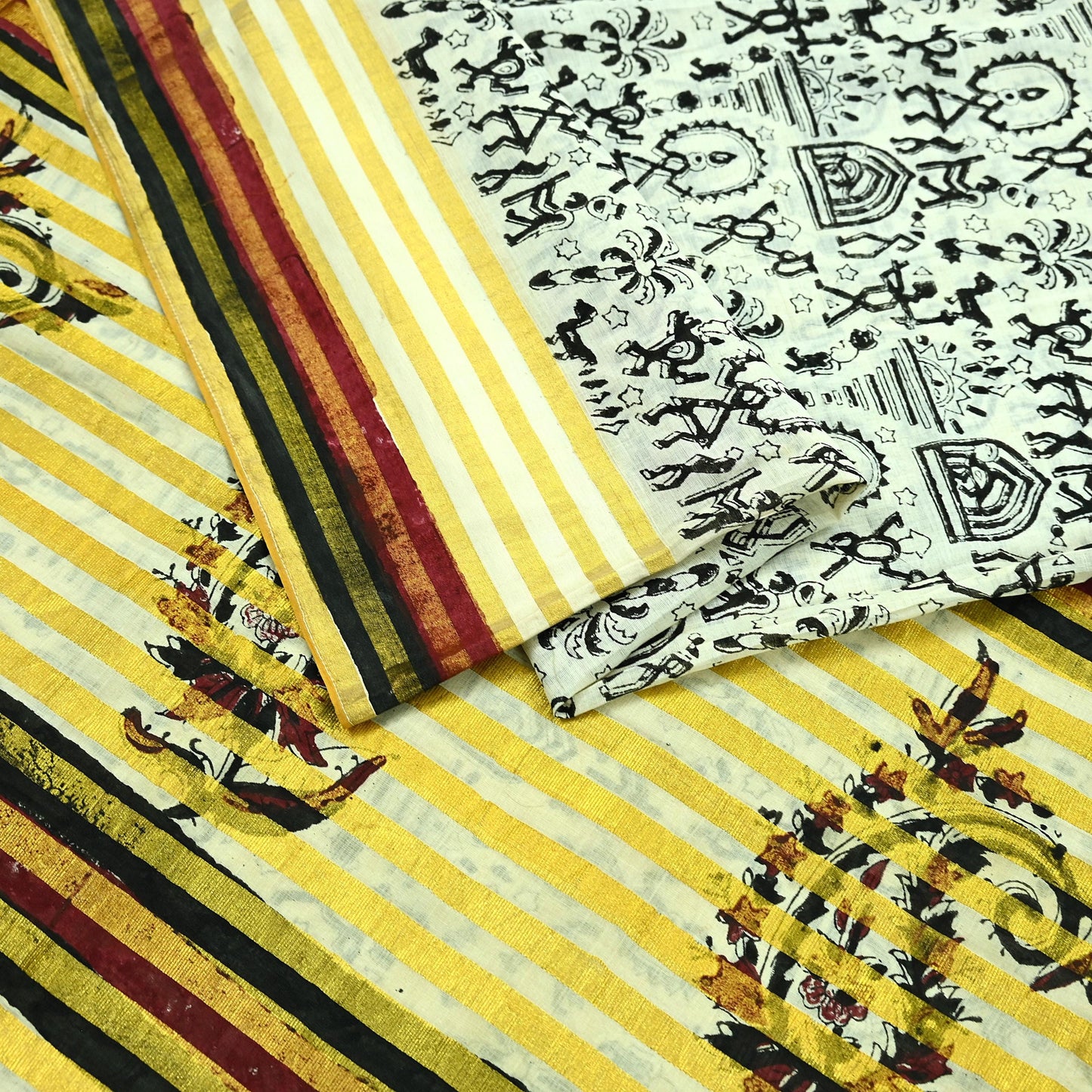 Indian Vintage Ivory Sarees Hand Woven Warli Printed 100% Pure Cotton Sari Craft Fabric 5Yd Sari Ethnic Floral Design Zari