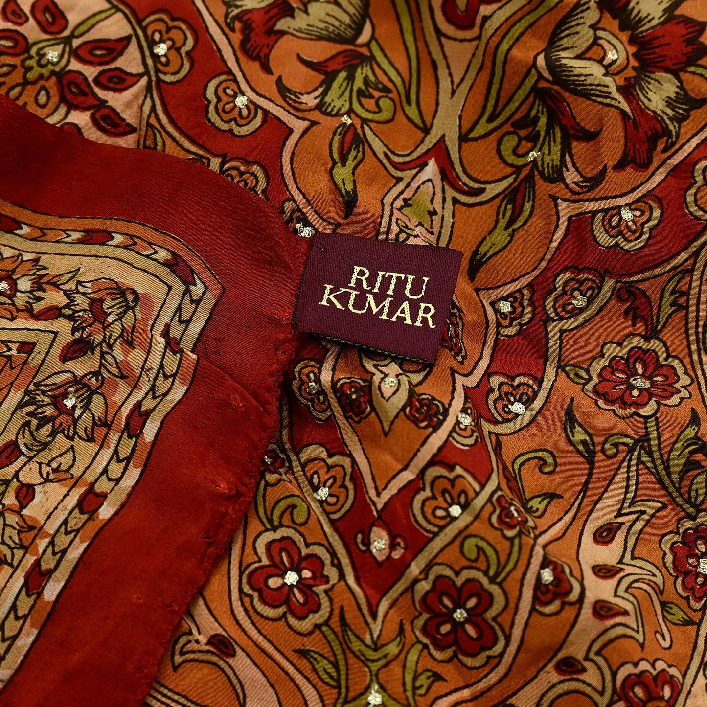 Indian Pre-owned Orange Pure Silk Hand Embroidered Ritu Kumar Designer Dupatta Ethnic Bollywood Scarves Veil