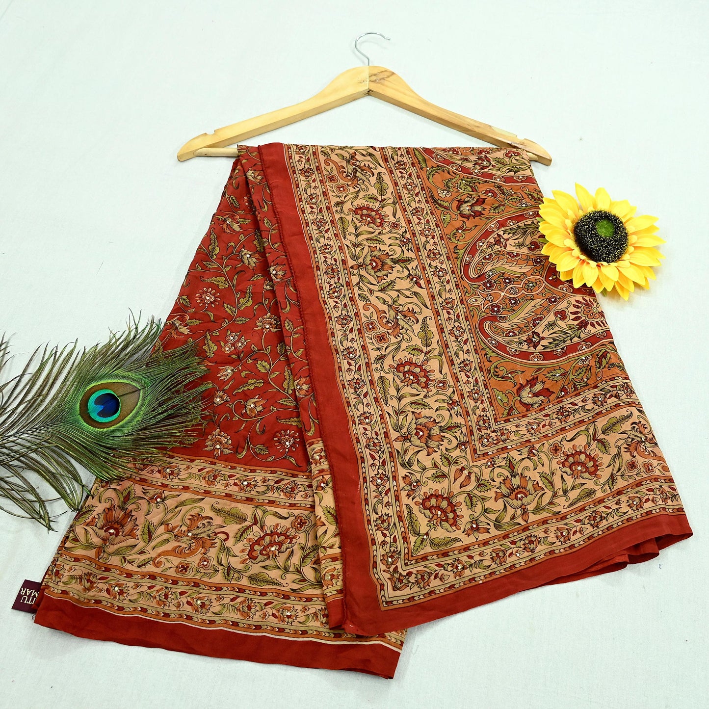 Indian Pre-owned Orange Pure Silk Hand Embroidered Ritu Kumar Designer Dupatta Ethnic Bollywood Scarves Veil
