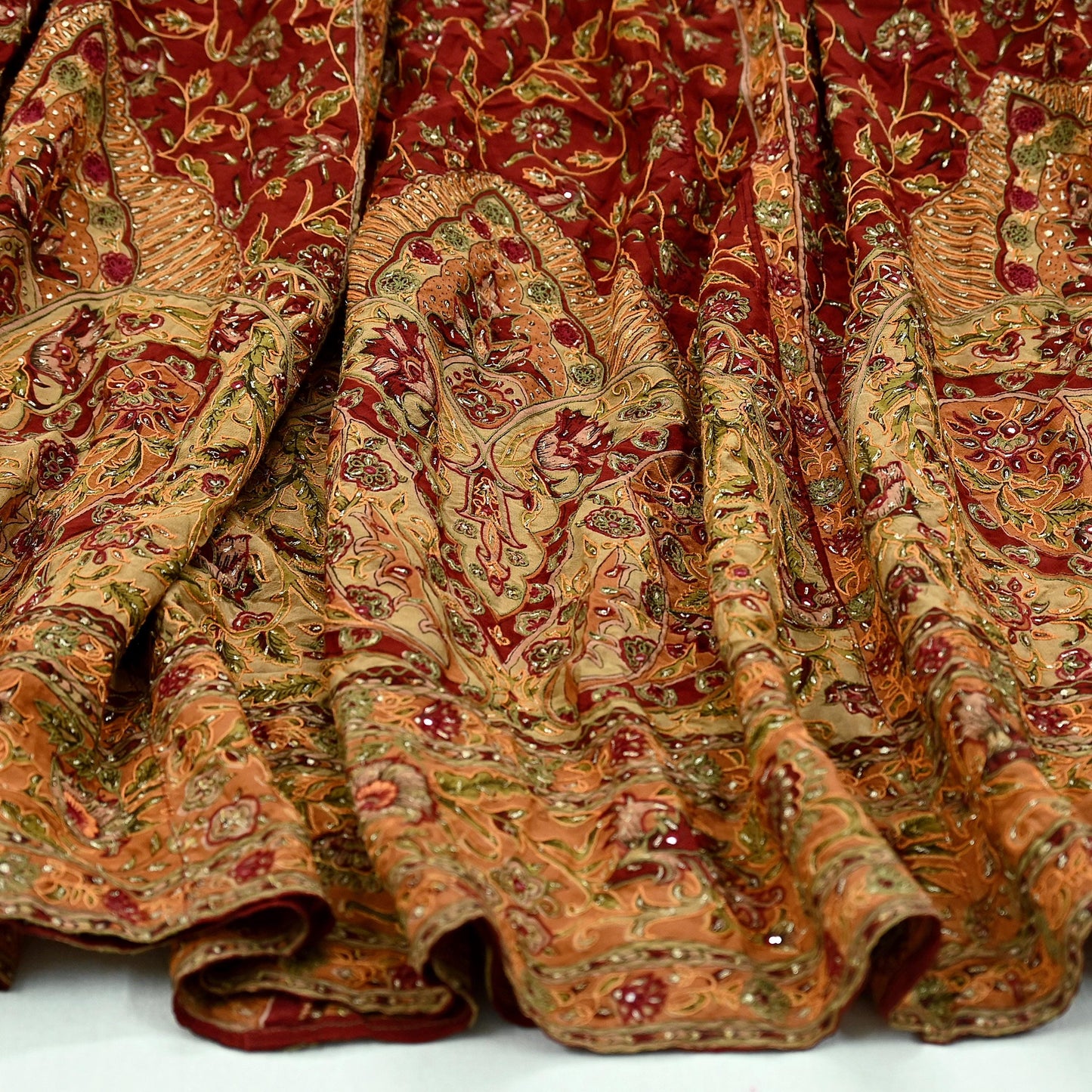 Indian Pre-owned Maroon Pure Silk Hand Embroidered Ritu Kumar Designer Lehenga/Skirt Ethnic Bollywood Party Wear
