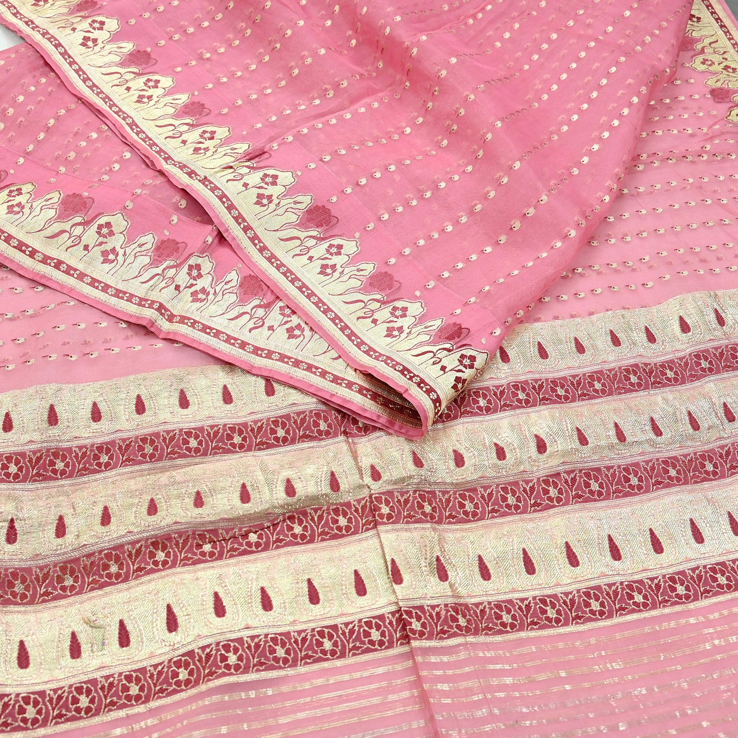 Indian Vintage Pink Heavy Sari Wedding Pure Organza Silk Hand Woven Banarasi Sarees Zari 5Yd Ethnic Dress Making Crafting