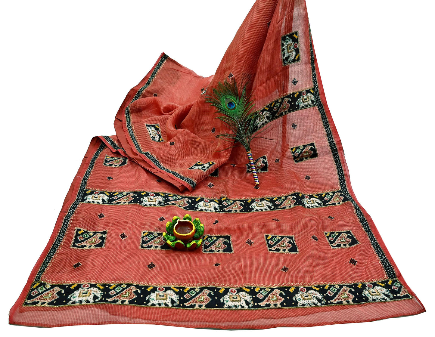 Indian Vintage Sari Red Hand Embroidered Patola Saree Pure Organza Silk Craft Fabric 5Yd Ethnic Dress Making Crafting Quilting Zardozi