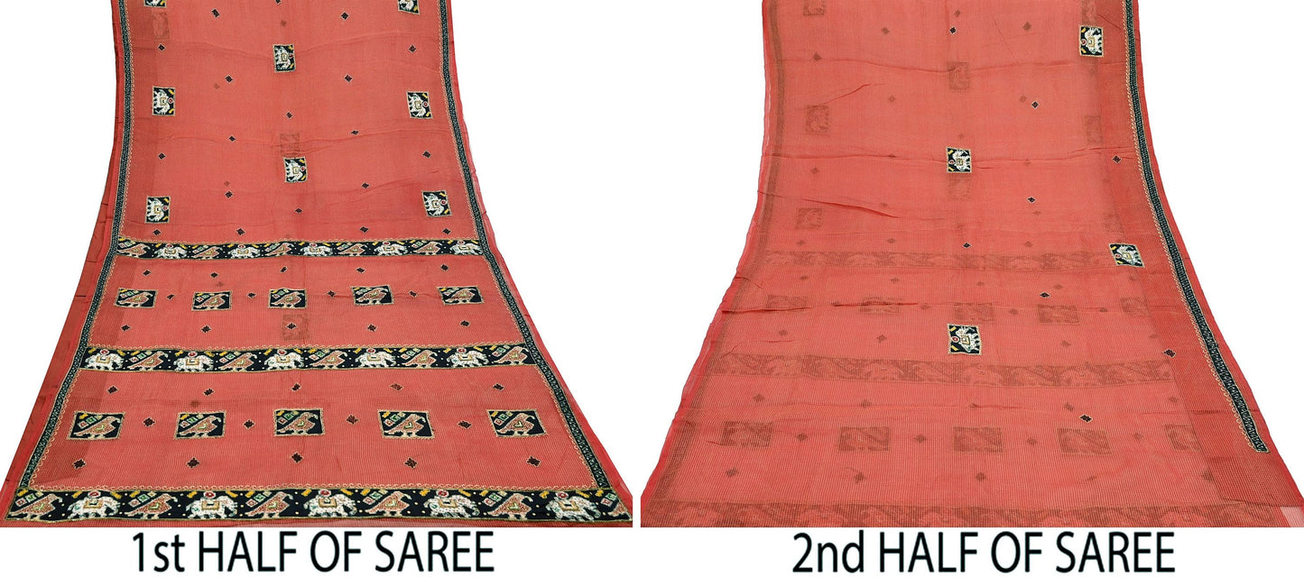 Indian Vintage Sari Red Hand Embroidered Patola Saree Pure Organza Silk Craft Fabric 5Yd Ethnic Dress Making Crafting Quilting Zardozi