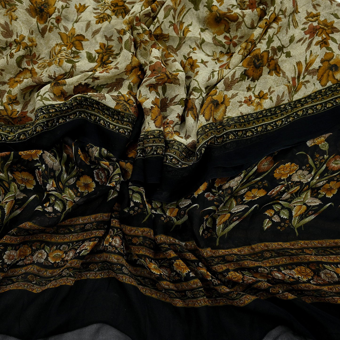 Indian Vintage Dupatta Black & Ivory Long Stole printed stole Pure Georgette Silk Scarves Veil Wrap Soft