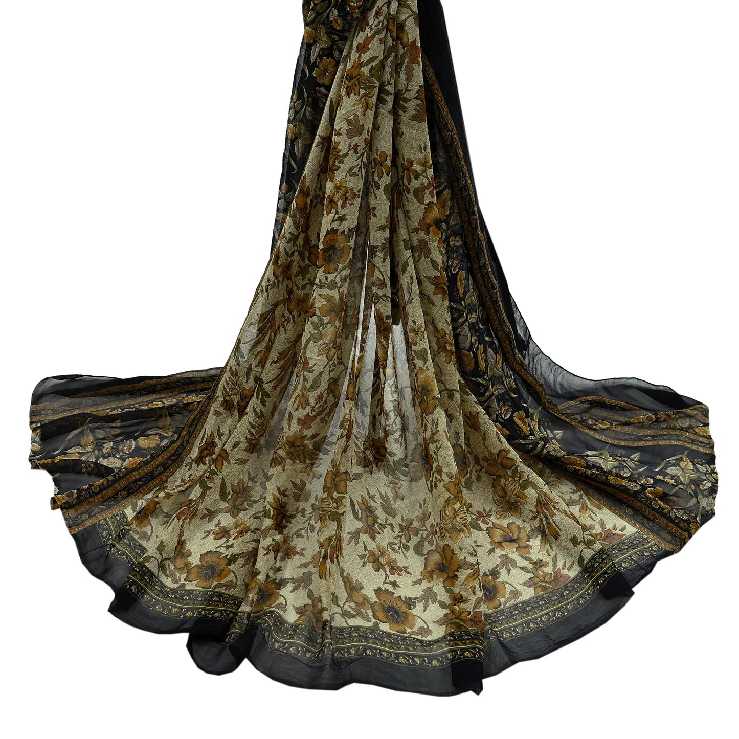 Indian Vintage Dupatta Black & Ivory Long Stole printed stole Pure Georgette Silk Scarves Veil Wrap Soft