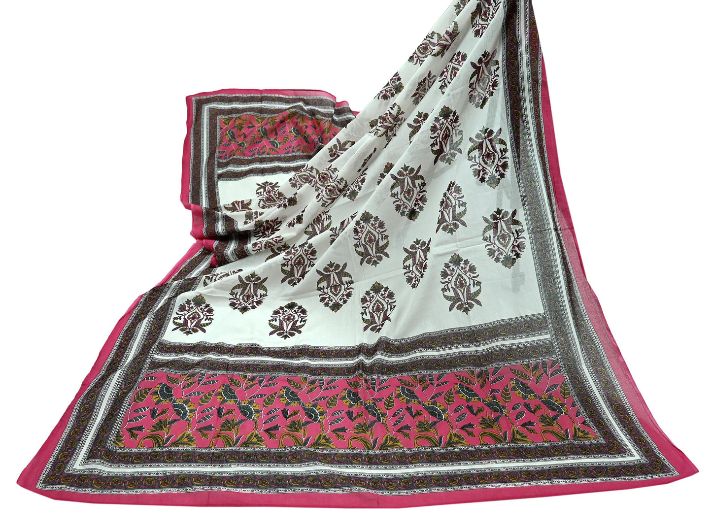 Indian Vintage Dupatta White & Pink Long Stole Block Print Pure Cotton Indian Scarves Scarf Veil Wrap Boho Soft Floral Design