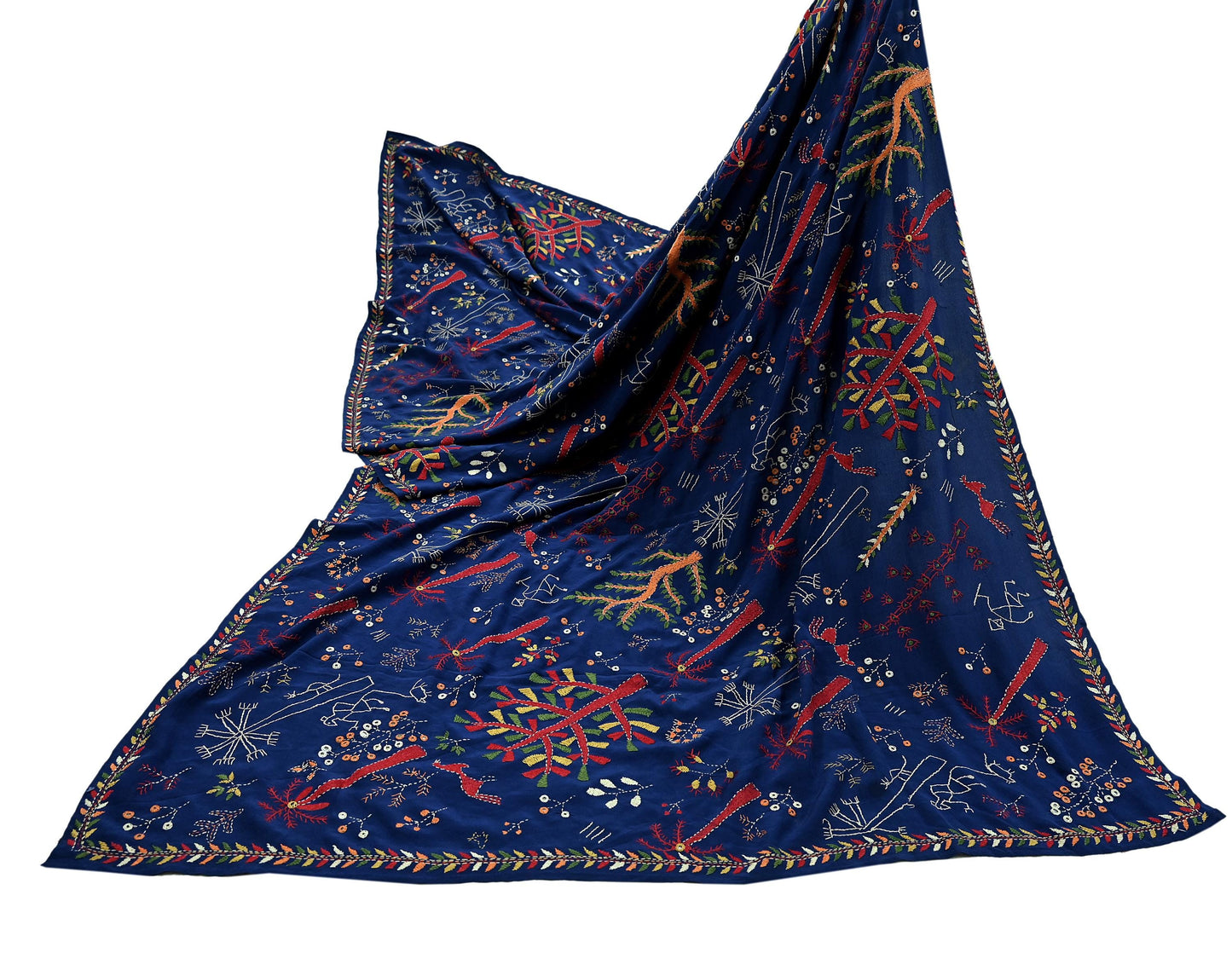 Indian Vintage Dupatta Blue Long Stole Pure Crepe Silk Hand Embroidered kantha stole Scarves Veil Wrap Soft Floral
