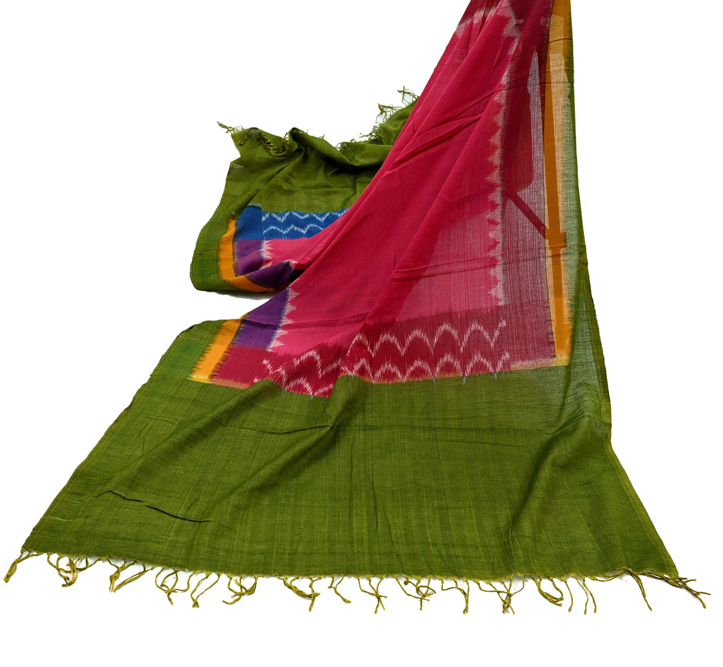 Indian Vintage Green & Pink Dupatta Long Stole Woven Pure Cotton Scarves Veil Scarf Soft Fringes Boho