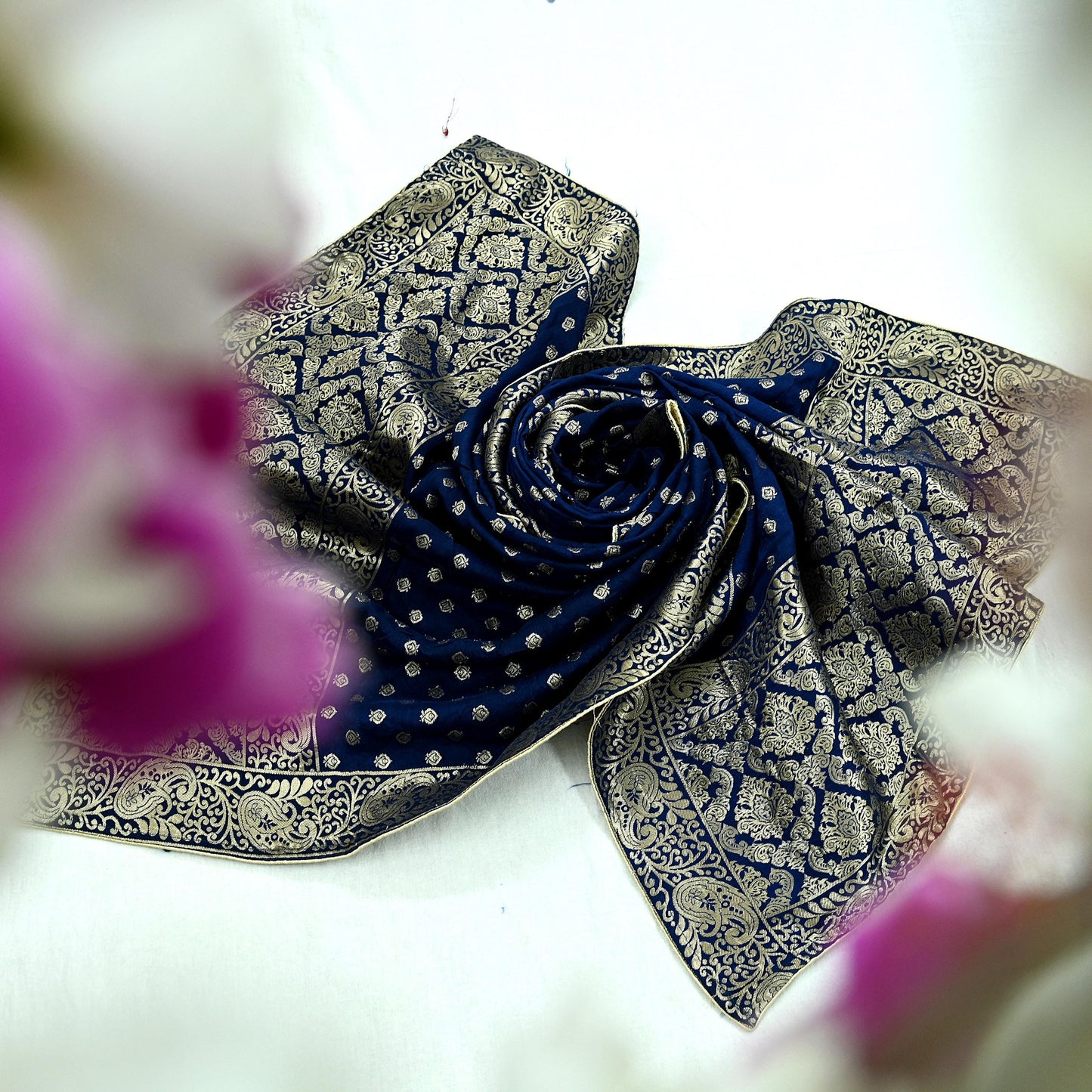 Indian Vintage Blue Dupatta Long Stole Artificial Silk Woven Brocade Scarves Veil Scarf Wrap Hippie Boho Soft Floral